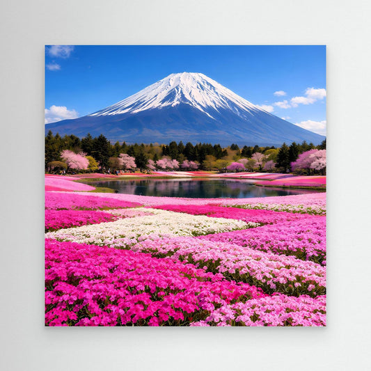 Leinwandbild mit Fuji, See und Kirschblüten im Blütenmeer, blauer Rand