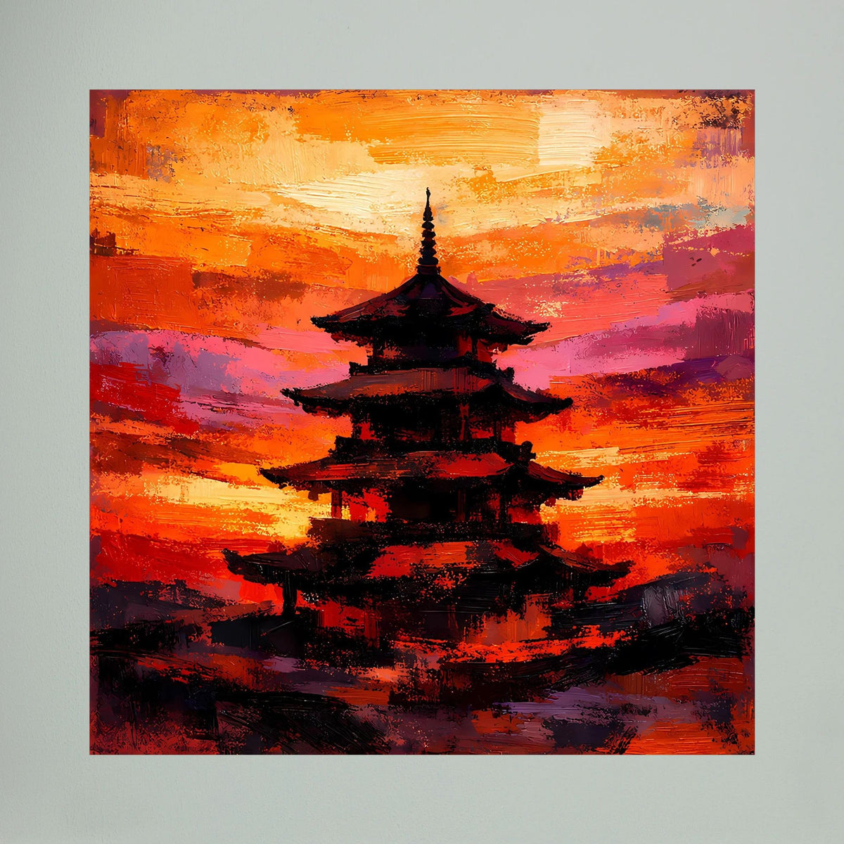 Nahaufnahme: Japanisches Pagoden-Wandbild mit dunkler Silhouette im orange-pinken Farbverlauf