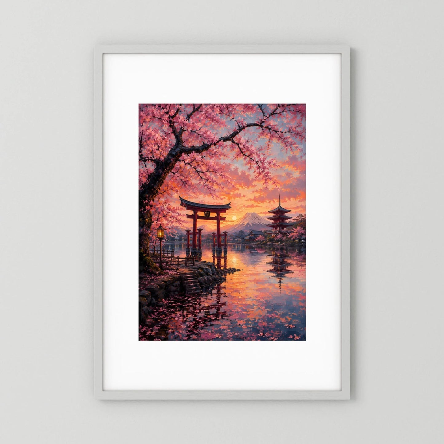 Japanisches Hochformat-Poster mit Torii, Kirschblüten und Fuji im Sonnenuntergang, im weißen Rahmen.