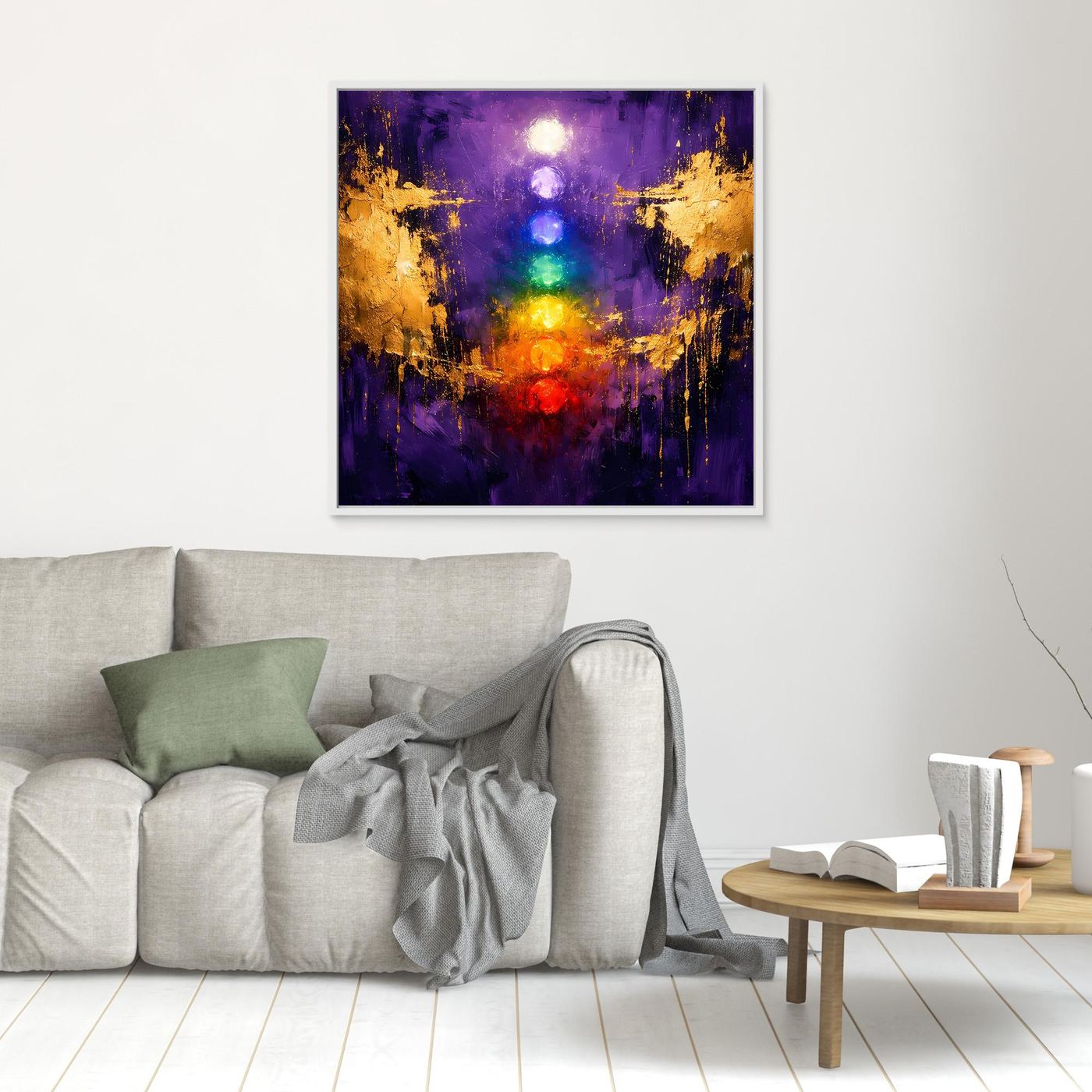 Leinwand Sieben Chakren auf tiefem Violett | Modernes Spirituelles Yoga Wandbild
