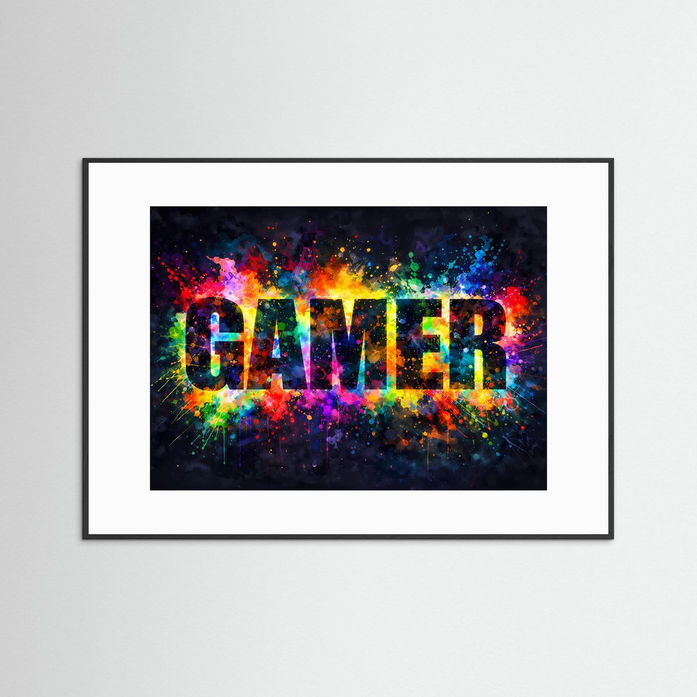 Gaming-Poster „GAMER“ mit hellem Passepartout und schwarzem Rahmen, querformat