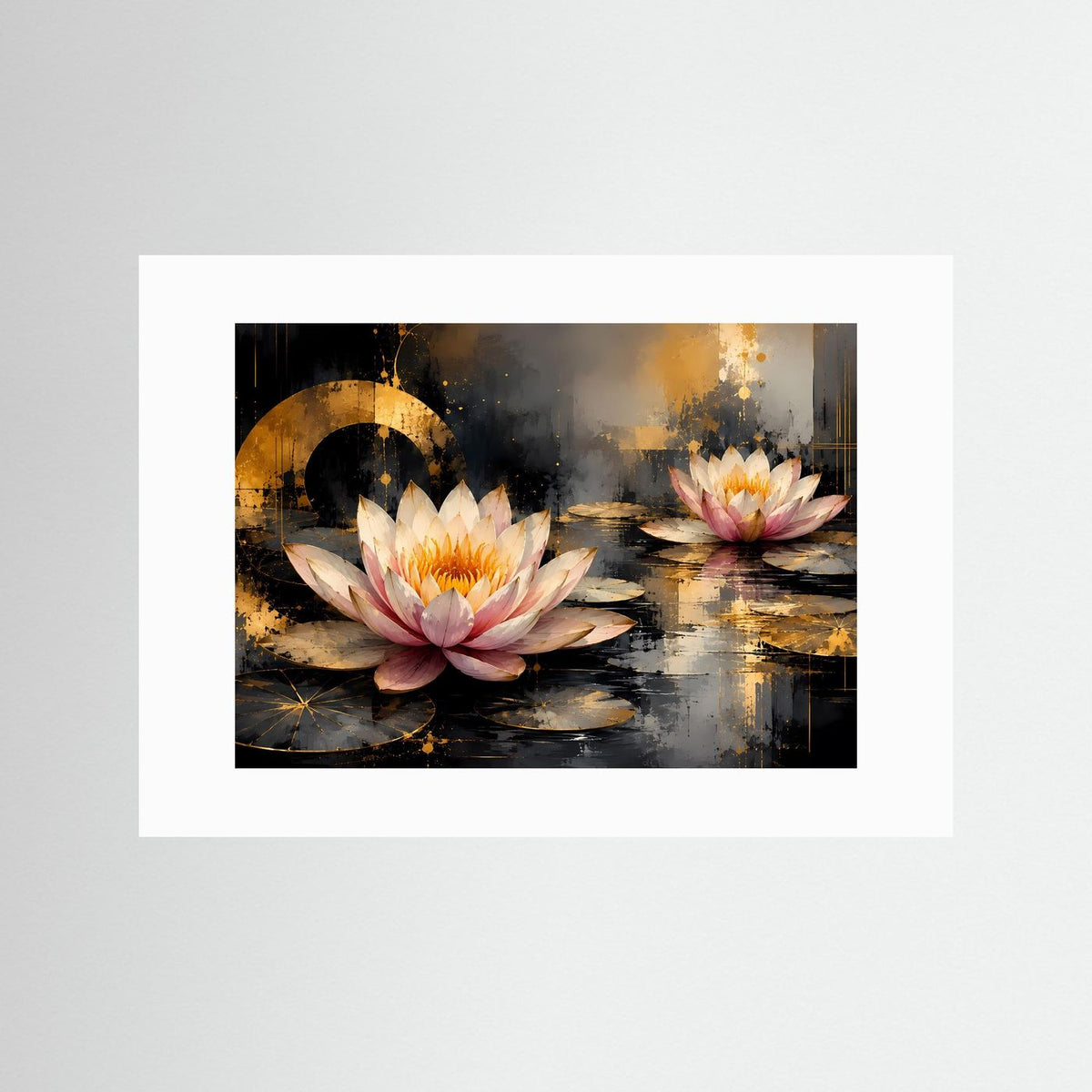 Lotusblüten-Poster mit Seerosen in Rosa und Gold, weißes Passepartout ohne Rahmen