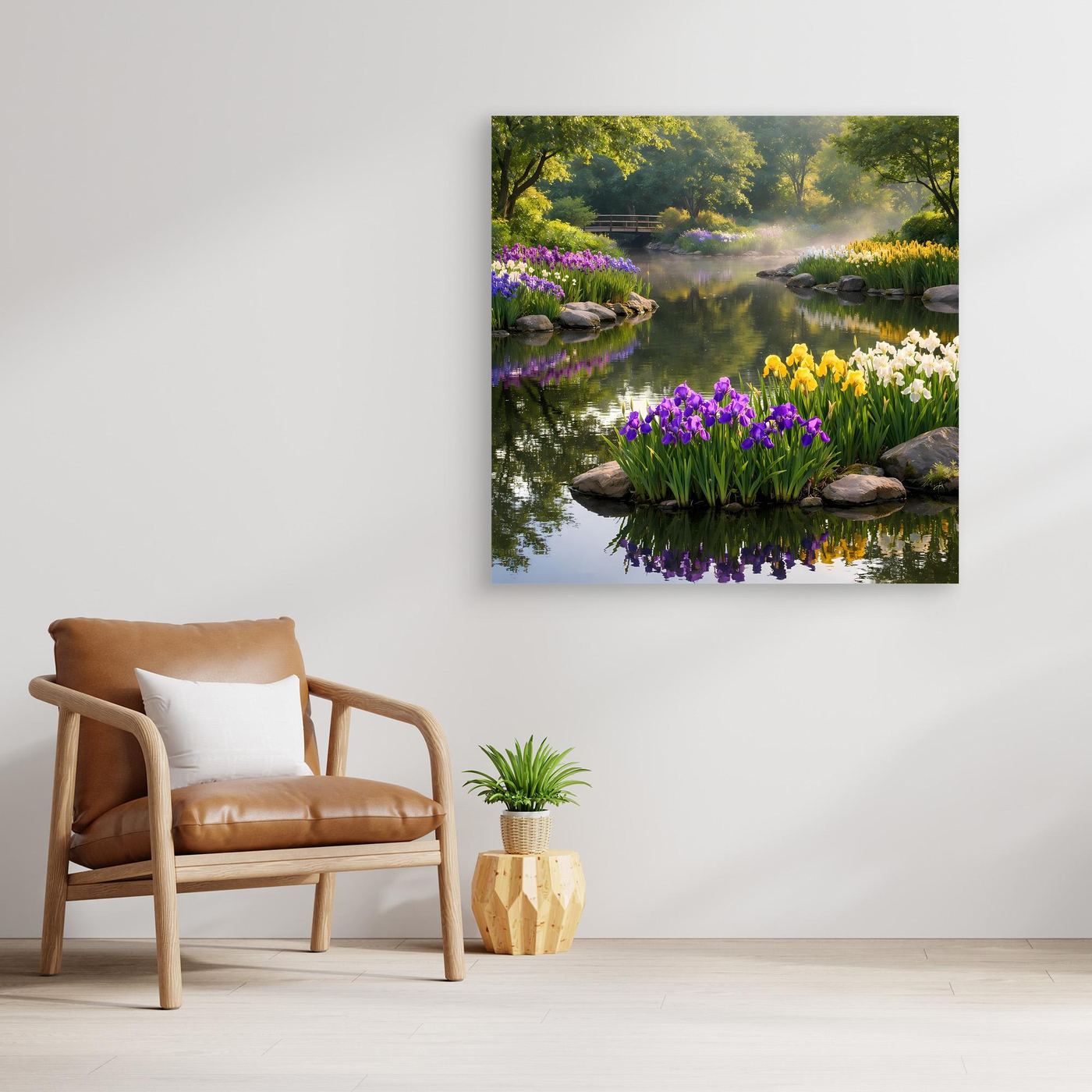 Leinwandbild der Blumeninsel am Teich: lila Iris, gelbe Blüten und Wasserreflexion