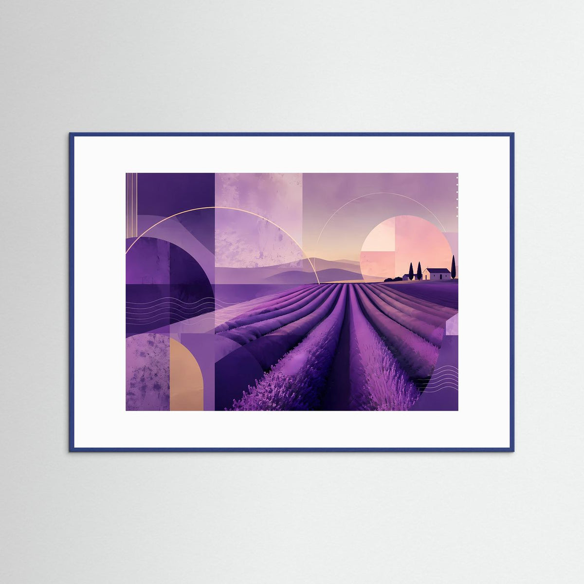 Abstraktes Wandbild mit Lavendelfeld in Violett und Rosa, geometrisch, im blauen Rahmen.