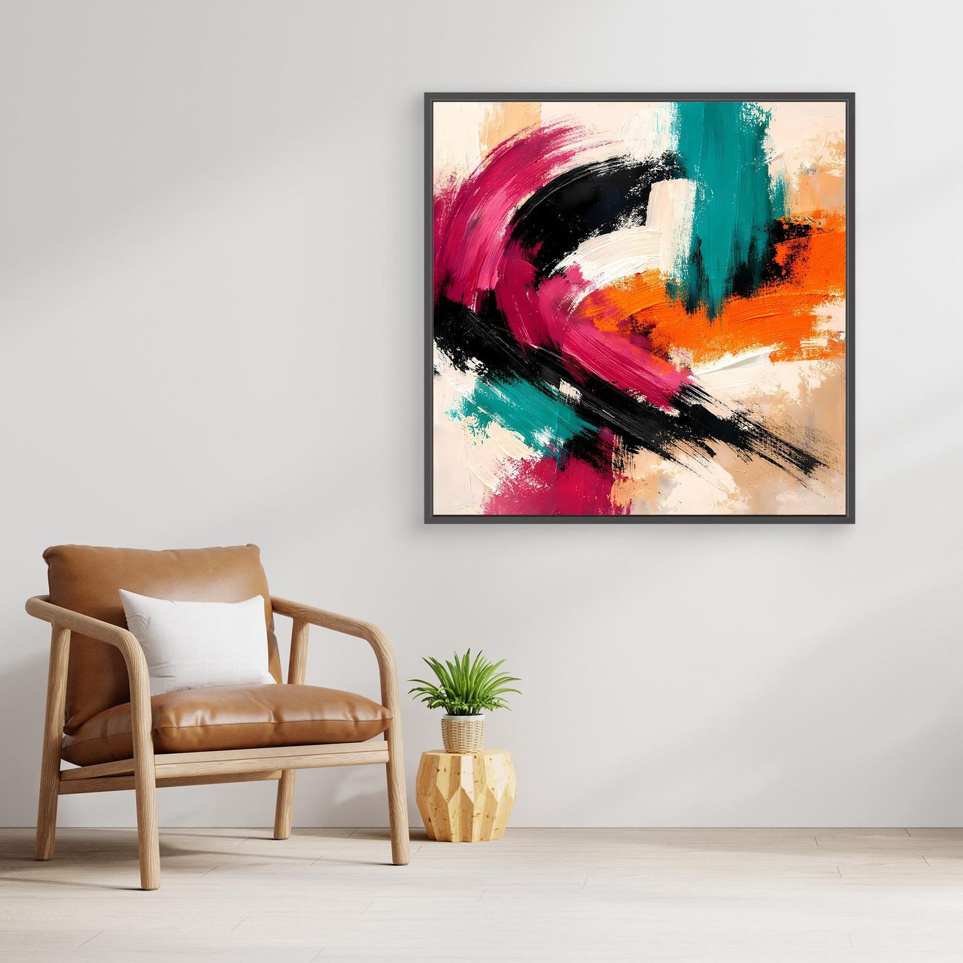 Abstraktes Leinwandbild mit Farbwirbeln in Pink, Grün und Orange, schwarzer Rahmen