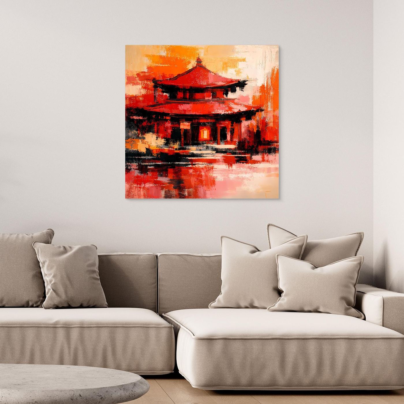 Abstraktes Leinwandbild mit roter Pagode und Tempel im Abendstil, ungerahmt