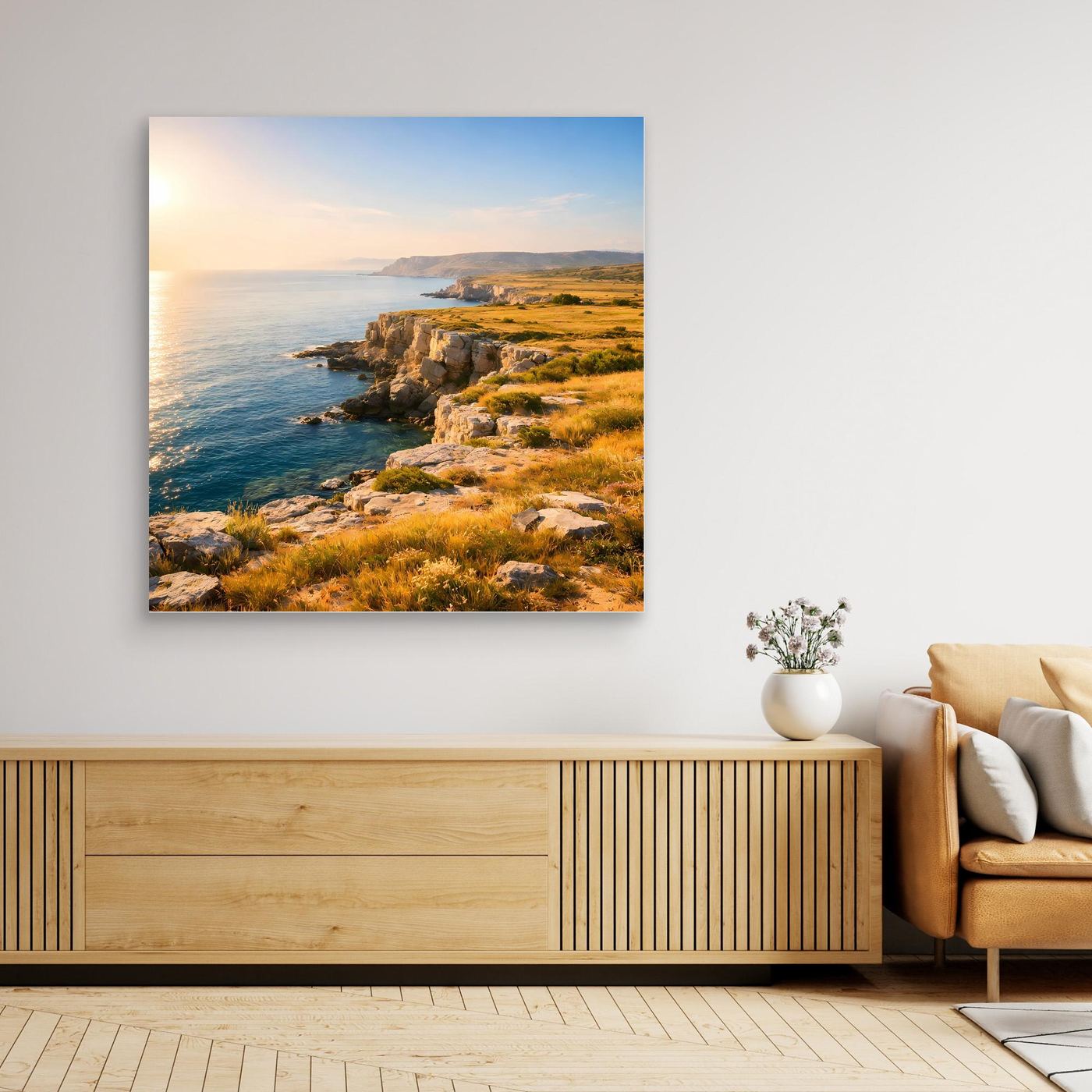 Leinwandbild Steilküste am Meer ohne Rahmen, Küste mit goldenem Schimmer