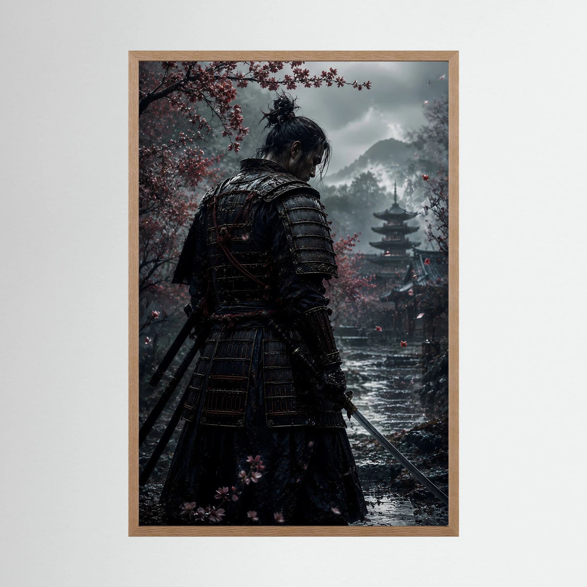 Gerahmtes Hochformat-Poster mit Samurai-Rückansicht, Schwert und Kirschblüten im Garten.