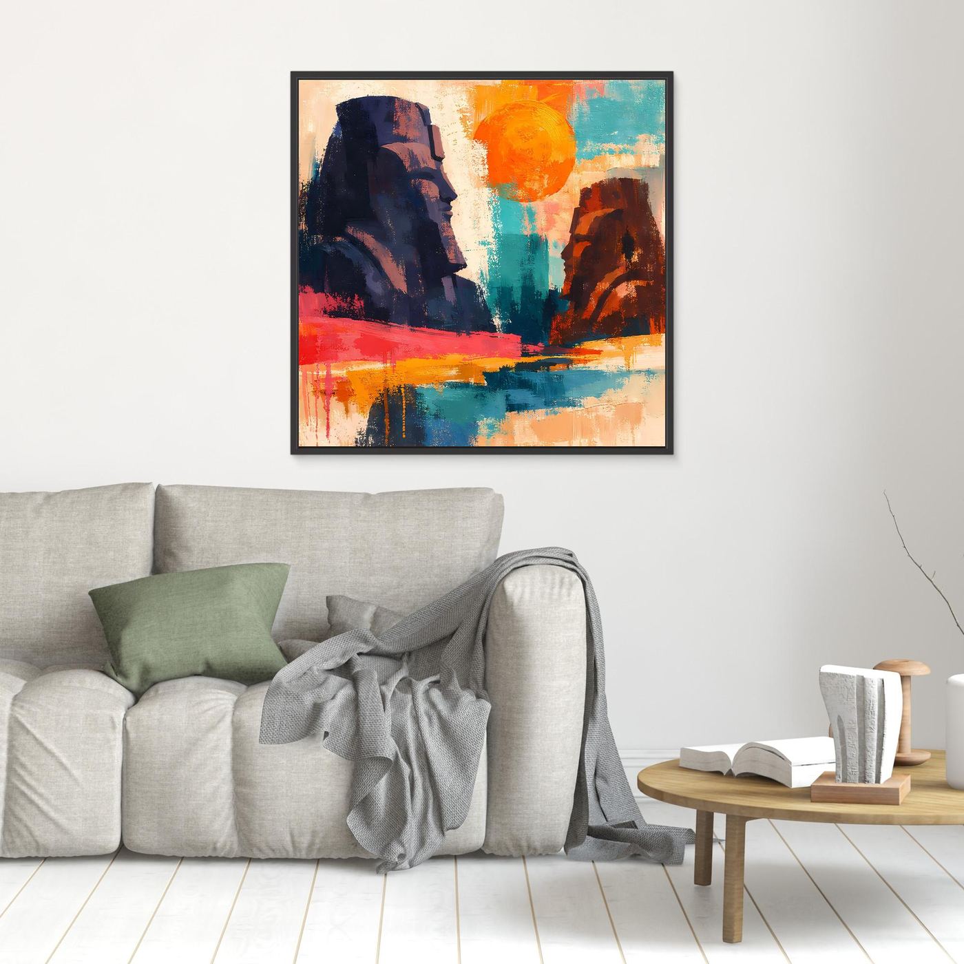 Abstraktes Wandbild mit Pharaonen-Silhouetten in Orange-, Blau- und Rottönen, schwarzer Rahmen