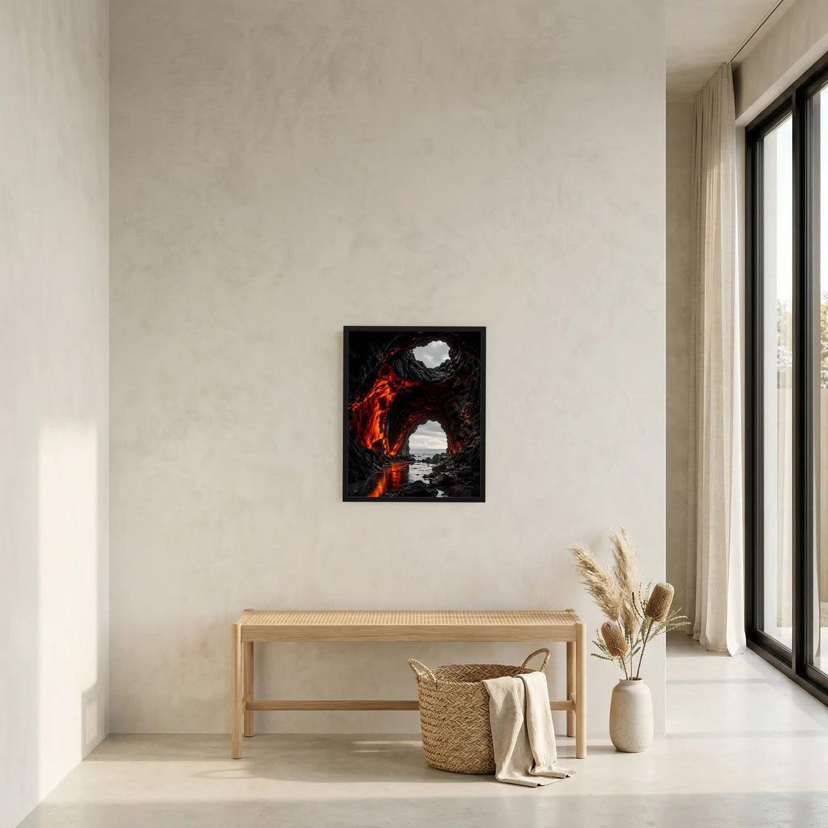 Gerahmtes Poster im Hochformat: Lavaglut in Vulkanhöhle mit Meerblick und Felsenküste