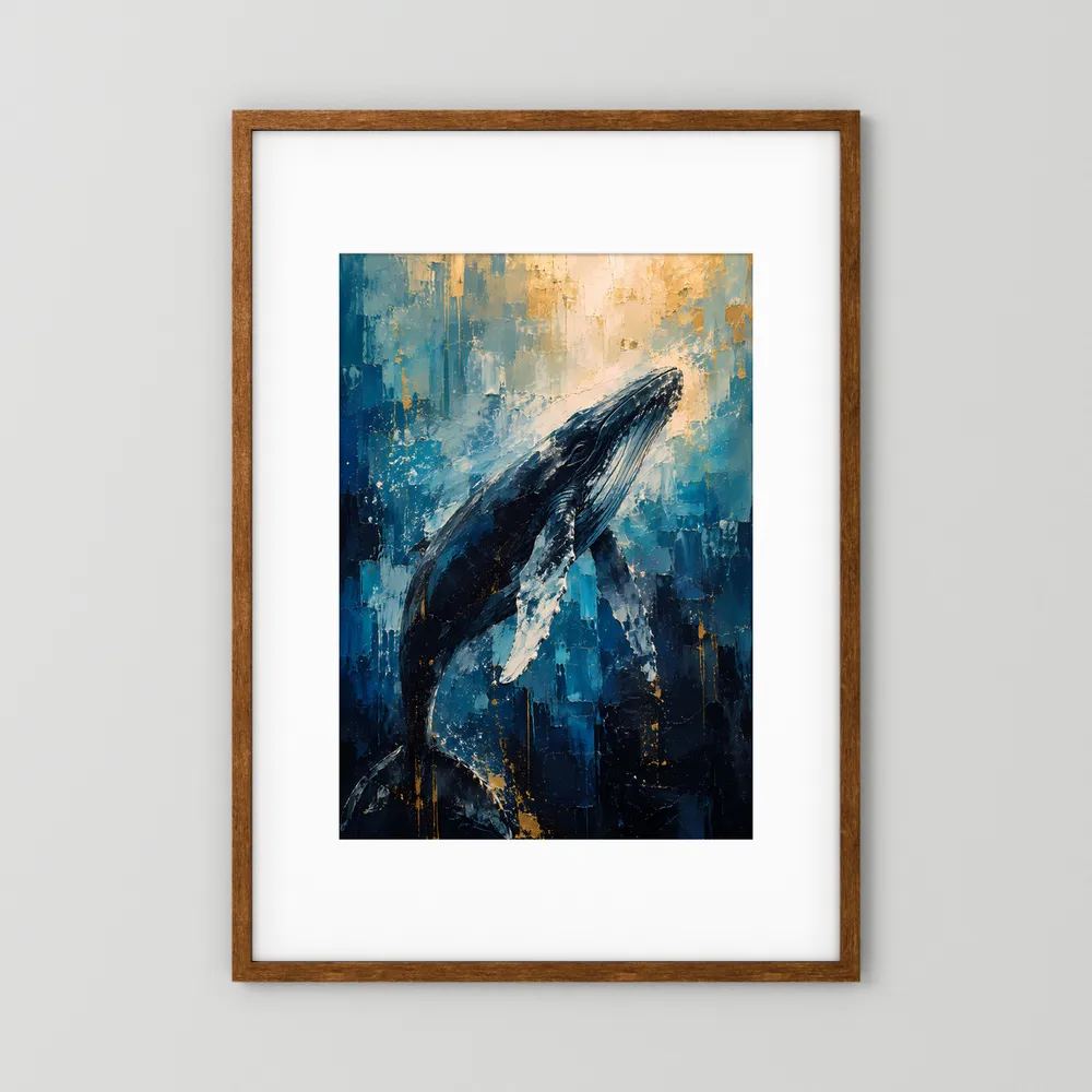 Poster mit Wal-Motiv im braunen Holzrahmen, abstrakt blau und gold, Hochformat