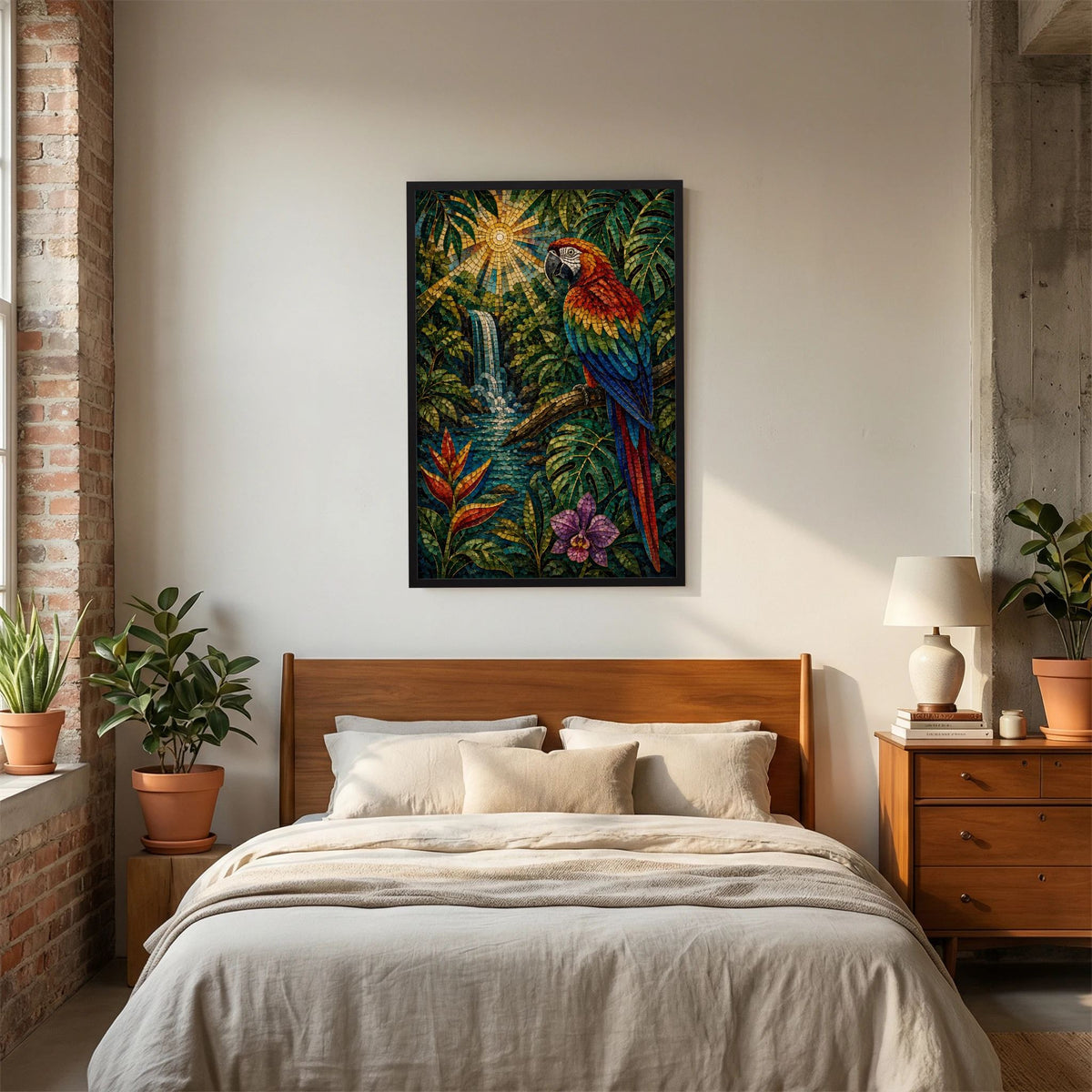 Papagei-Wandbild im Hochformat mit mosaikartigem Dschungelmotiv, Sonne und Wasserlauf