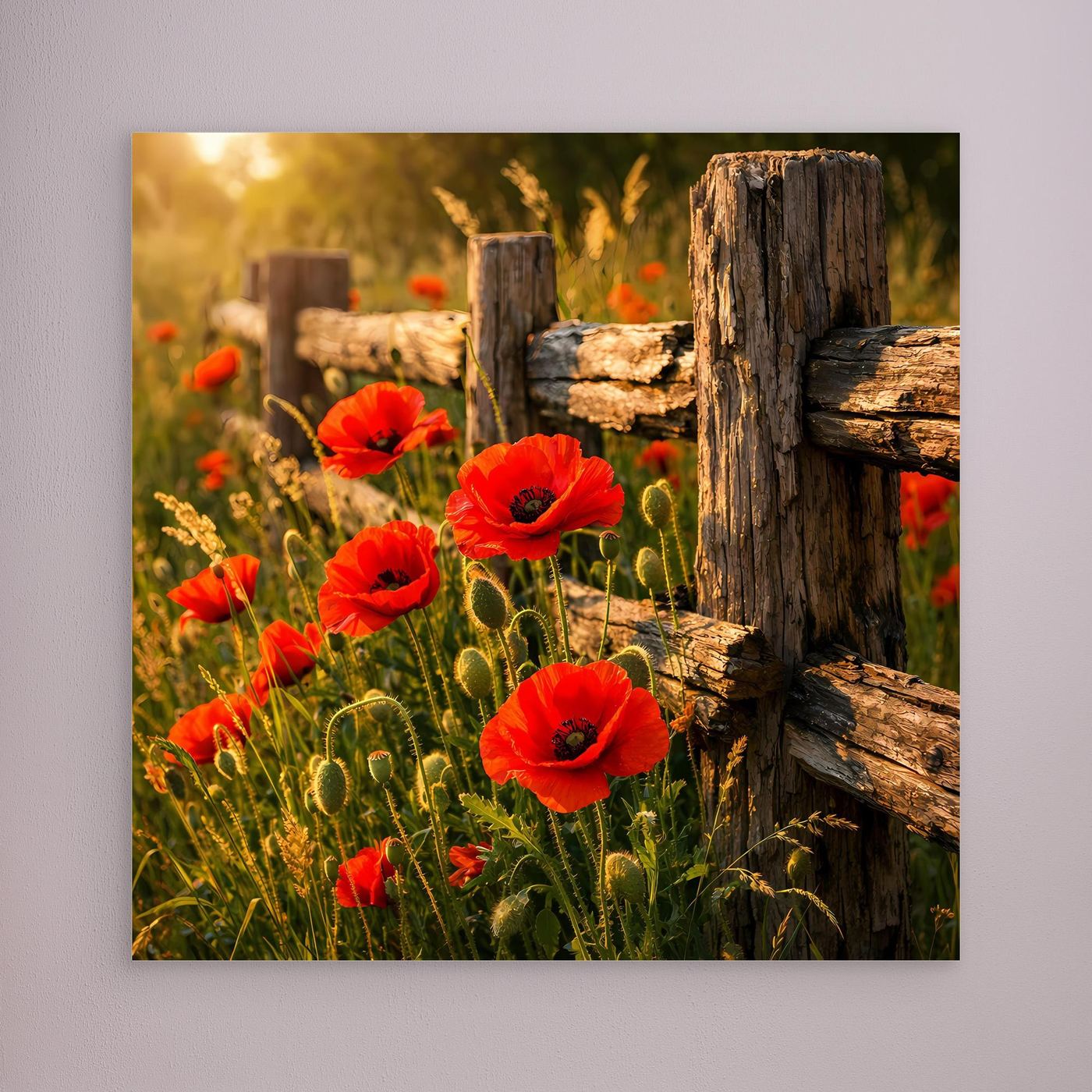Leinwandbild mit roten Mohnblumen am Zaun, dunkler Rahmen