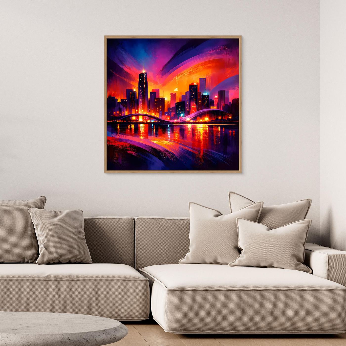Wandbild Leinwand mit Neon-Skyline bei Nacht, brauner Holzrahmen