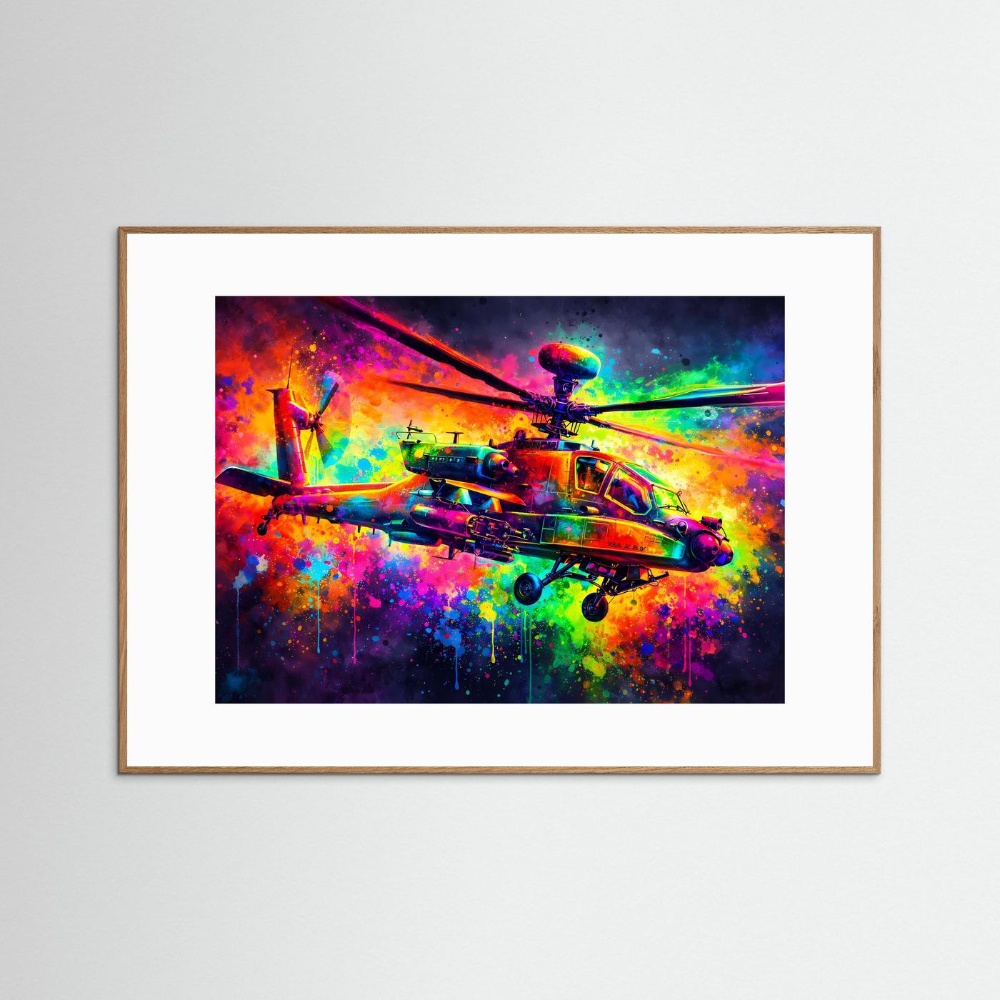 Helikopter-Poster im Querformat, farbiger Abstract-Druck mit hellem Holzrahmen