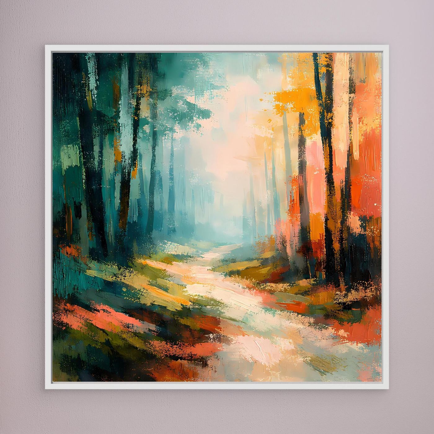 Leinwand-Wandbild mit abstraktem Waldweg in Blau, Grün und Orange, im weißen Rahmen