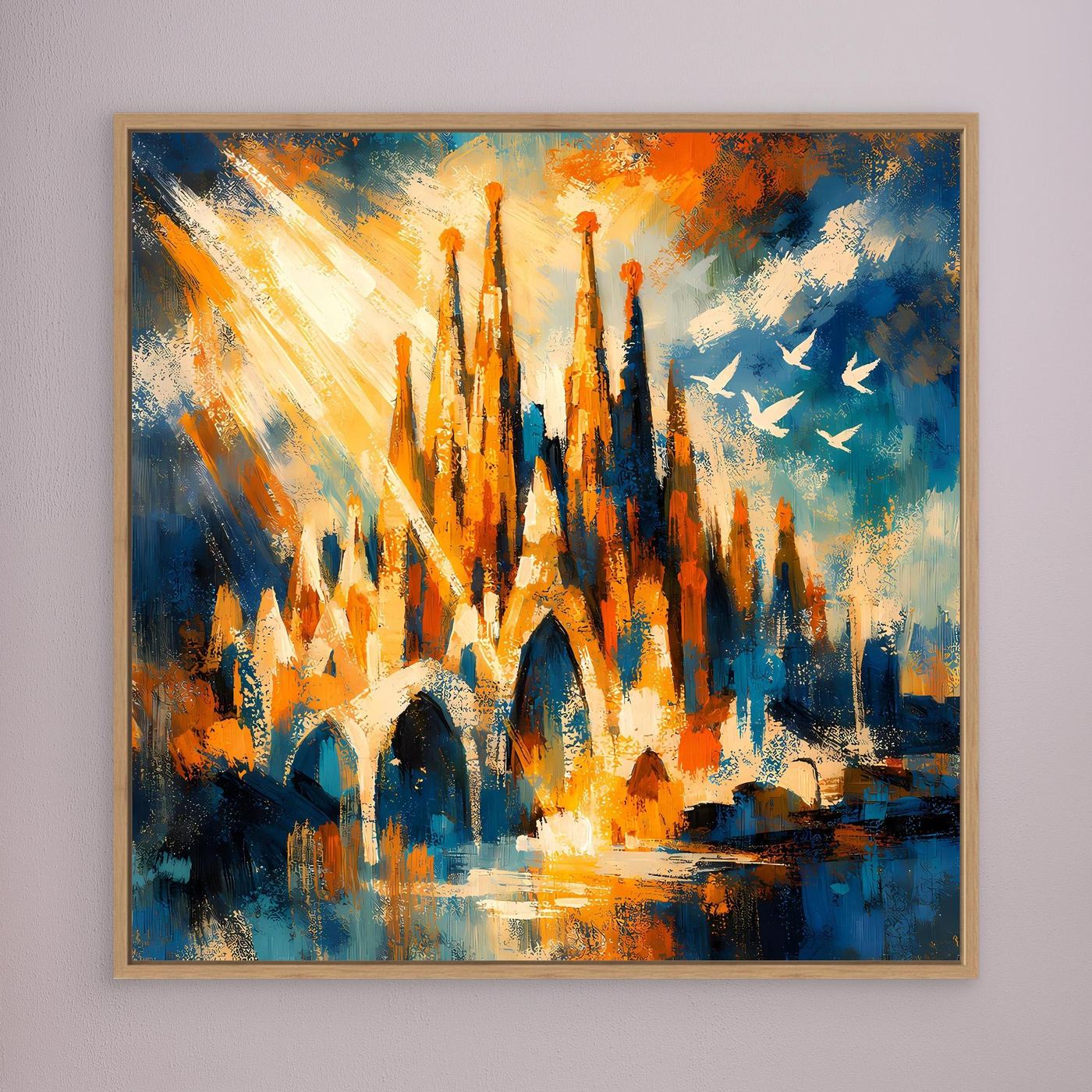 Abstraktes Leinwandbild mit Sagrada-Familia-Türmen, goldener Holzrahmen