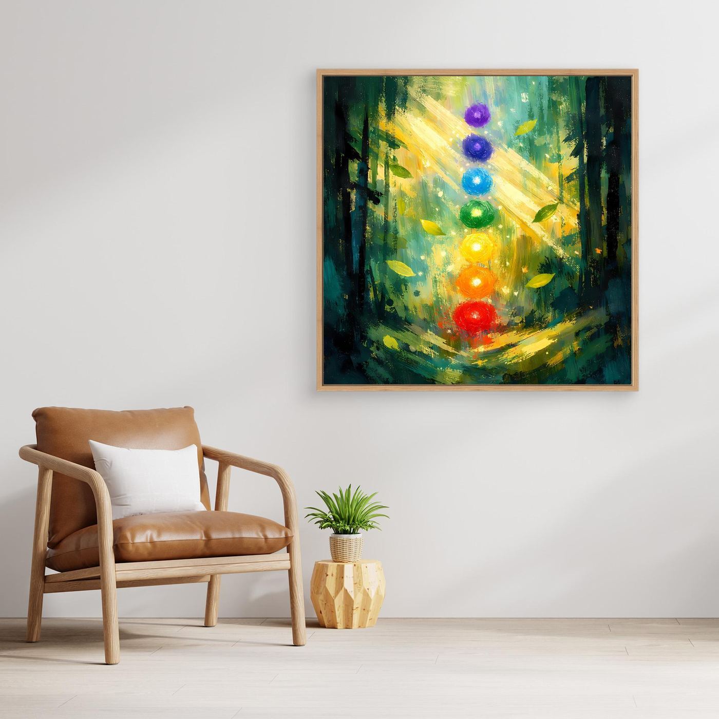 Wandbild auf Leinwand mit Holzrahmen: Chakra-Lichtpunkte im Wald, leuchtend