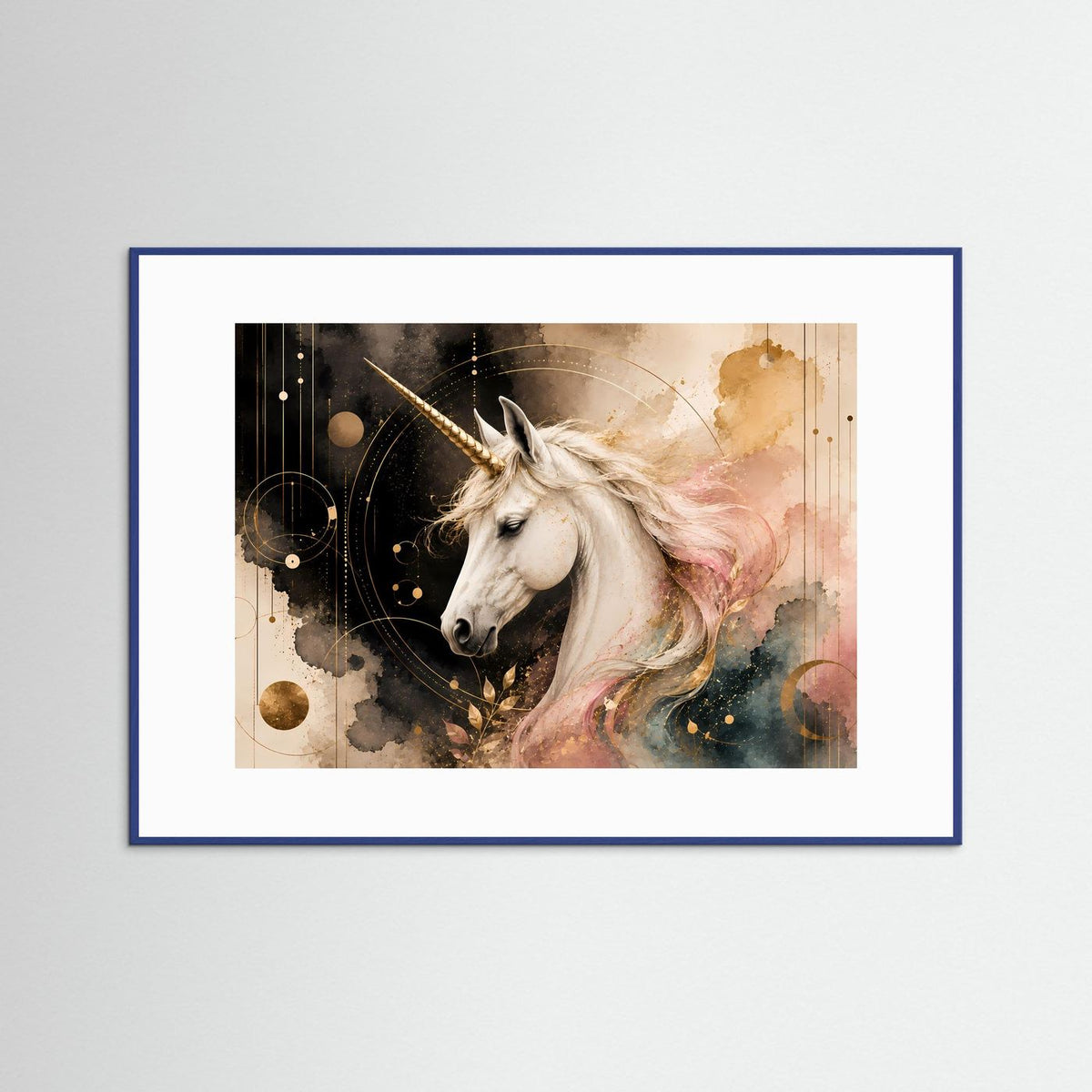 Einhorn-Poster quer: pastellrosa Einhorn mit goldenem Horn, blauer Rahmen
