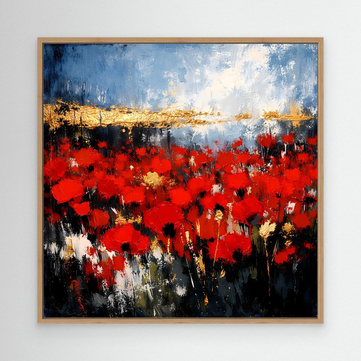 Abstraktes Wandbild mit roter Blütenlandschaft, blauem Himmel und goldener Horizontlinie im Eichenrahmen