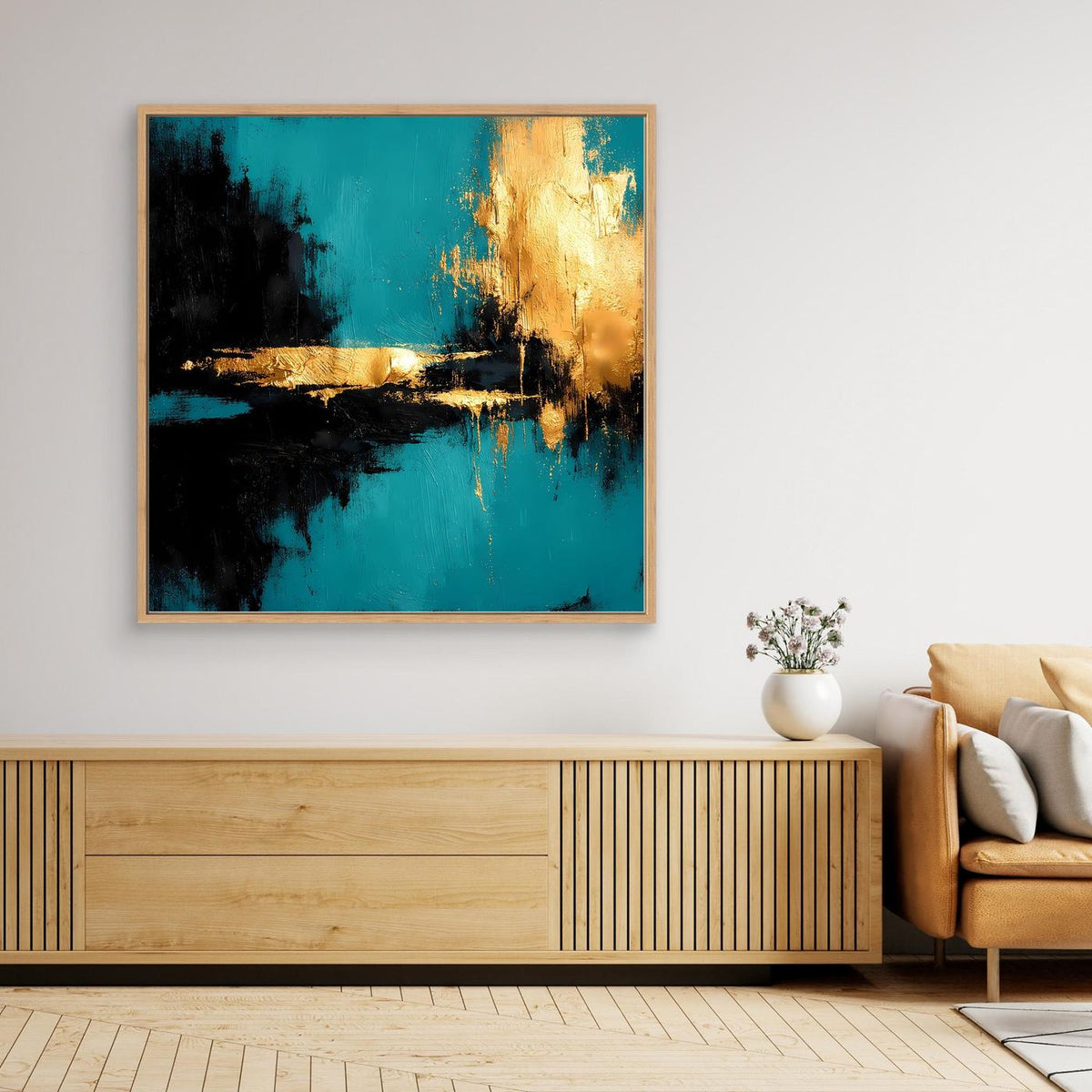 Abstraktes Leinwandbild mit Rahmen, türkisblaues Abstract mit schwarzen Strukturen und Goldlicht