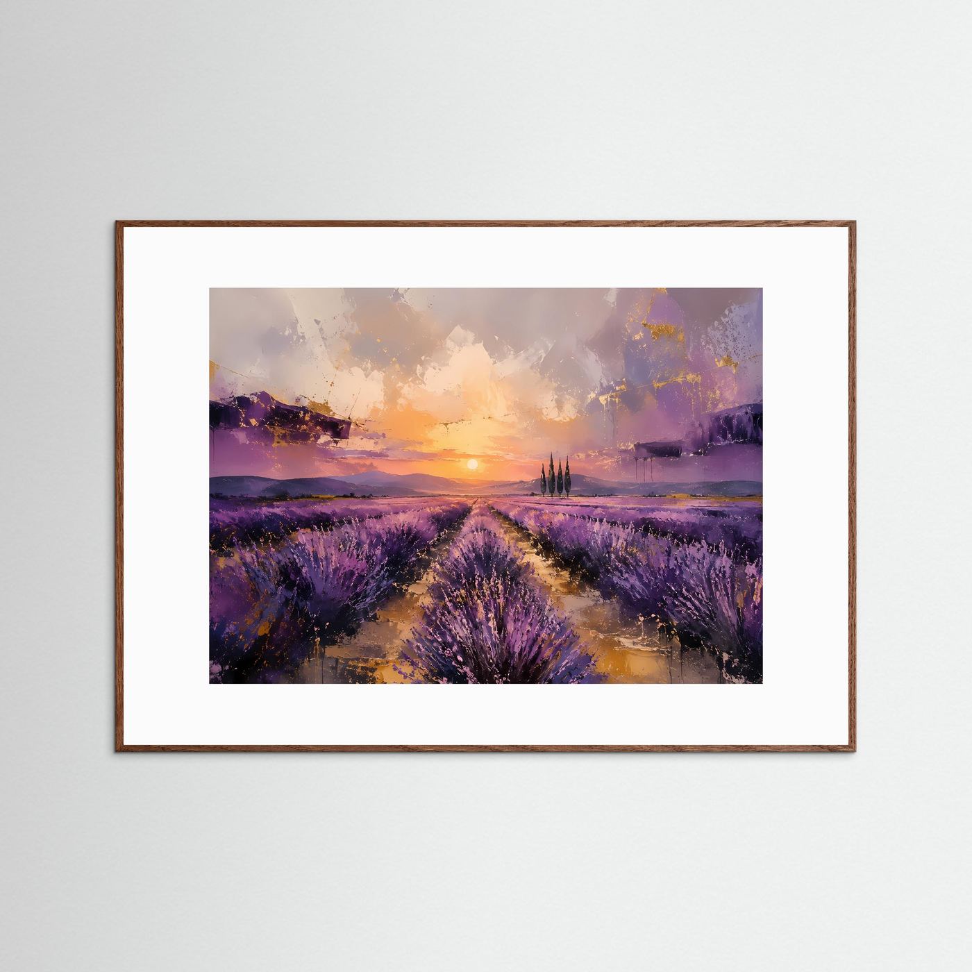 Provence im Abendlicht | Abstraktes Lavendelfeld & Sonnenuntergang Poster im Querformat