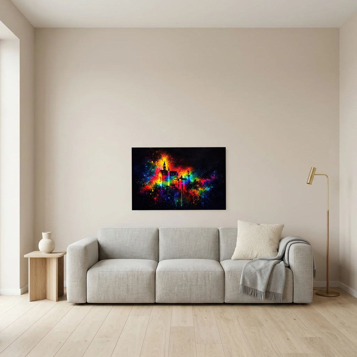 Wandposter im Querformat mit Märchenschloss in Regenbogenfarben und schwarzem Rahmen