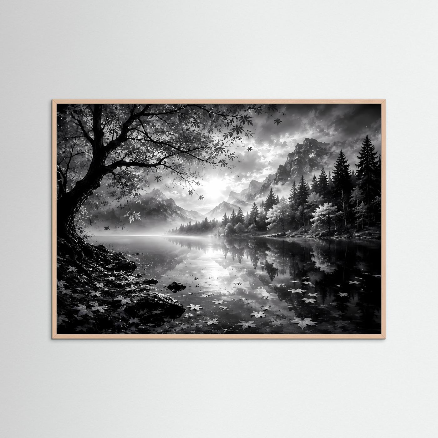Schwarz Weiß Landschaft Poster | Bergsee Wandbild | Nebel Berge Natur | Monochrome Wandkunst | Moderner Fine Art Print