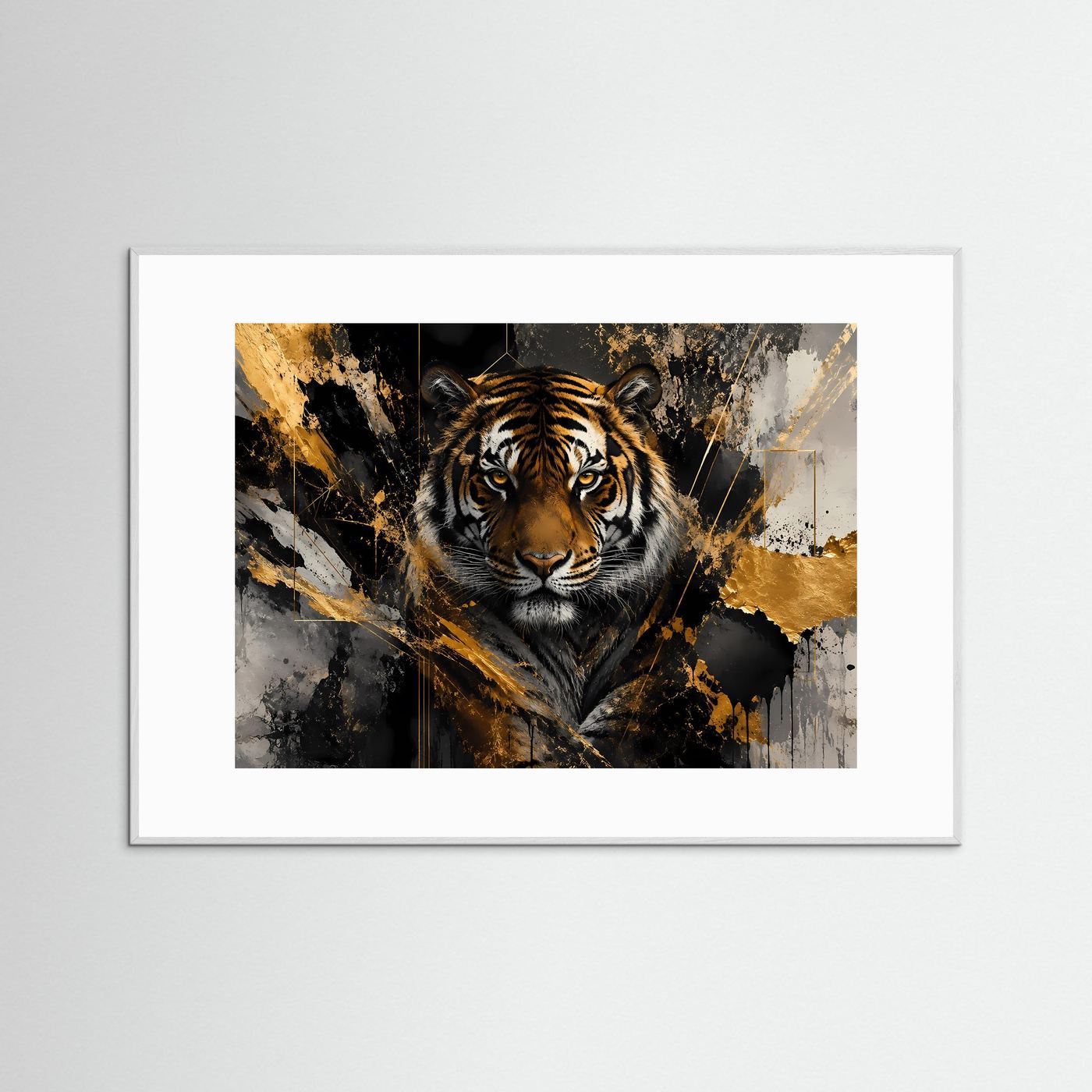 Kunstposter Querformat mit Tigerkopf und goldfarbenen Spritzern im weißen Rahmen