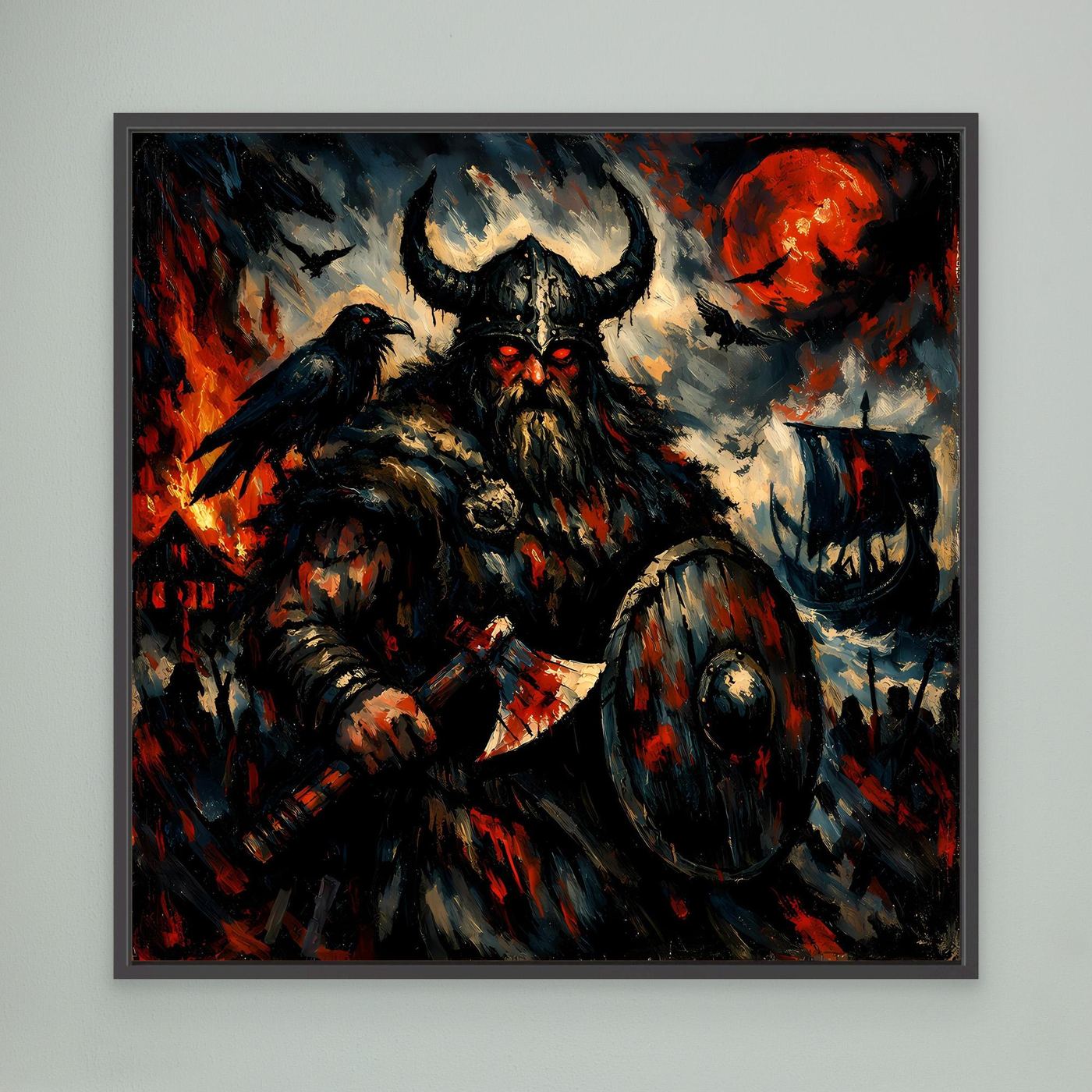 Leinwand Düsterer Wikinger-Krieger unter dem Blutmond | Expressives Nordmann Wandbild