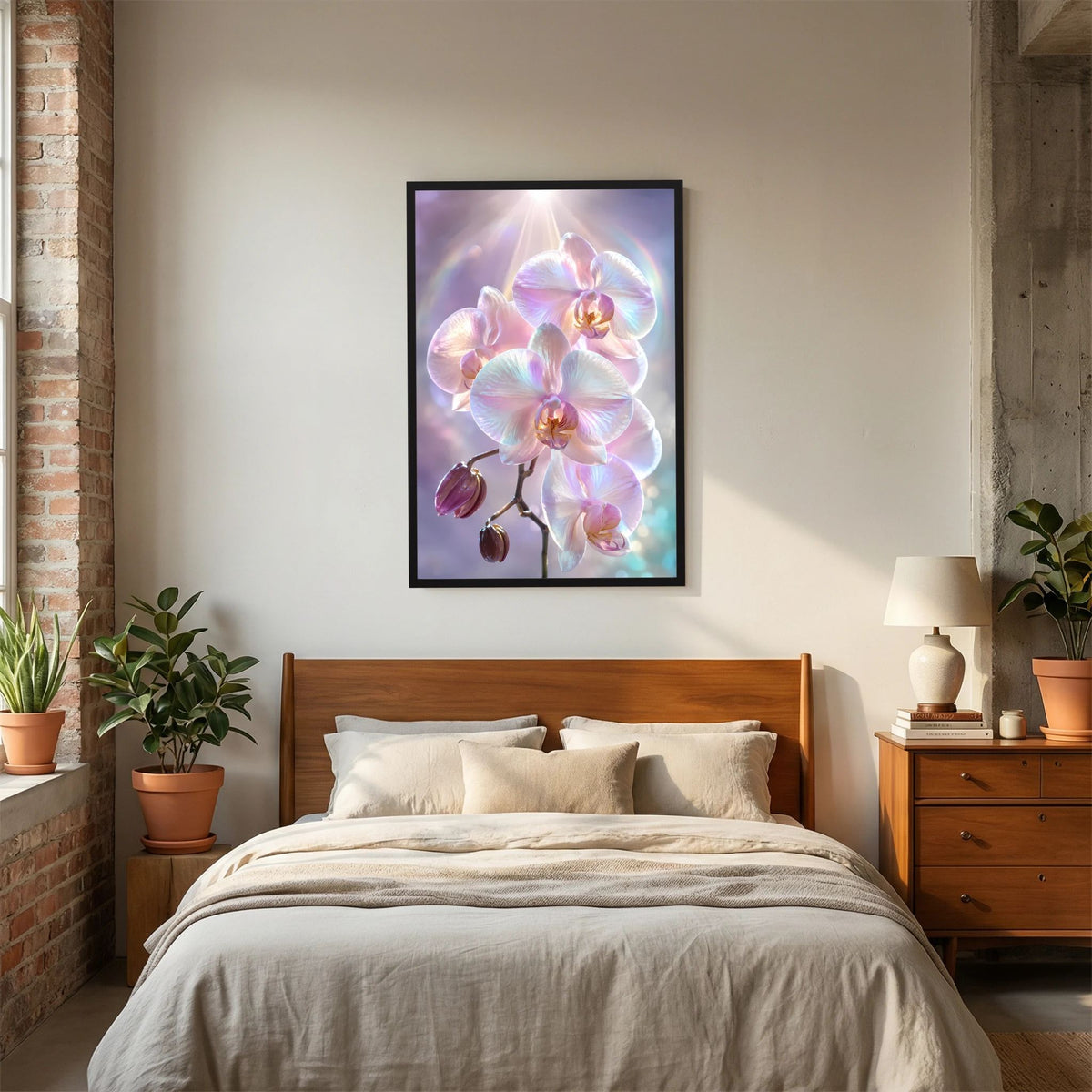 Kunstposter im schwarzen Rahmen mit Orchideenblüten in Weiß, Rosa und leichtem Perlmutt-Schimmer