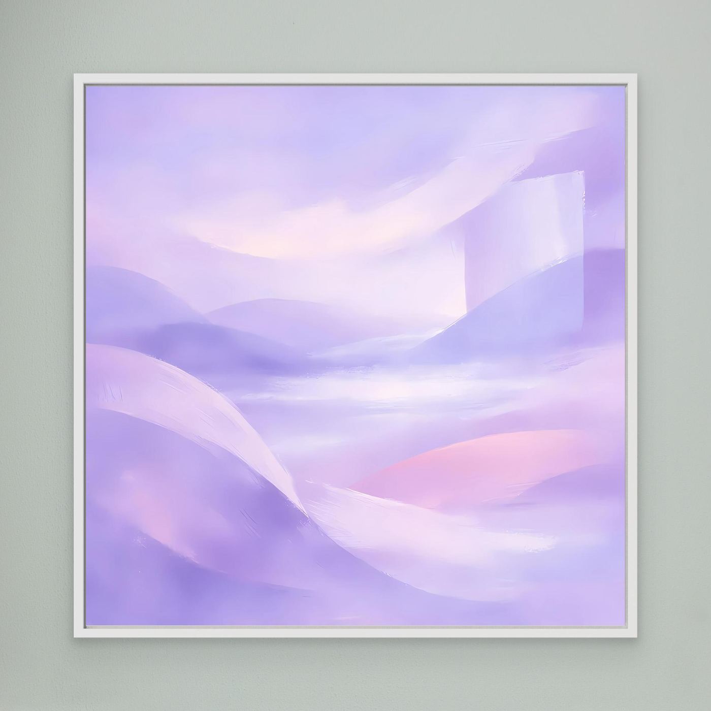 Abstraktes Leinwandbild mit pastellfarbenen Violett- und Rosatönen, mit weißem Rahmen