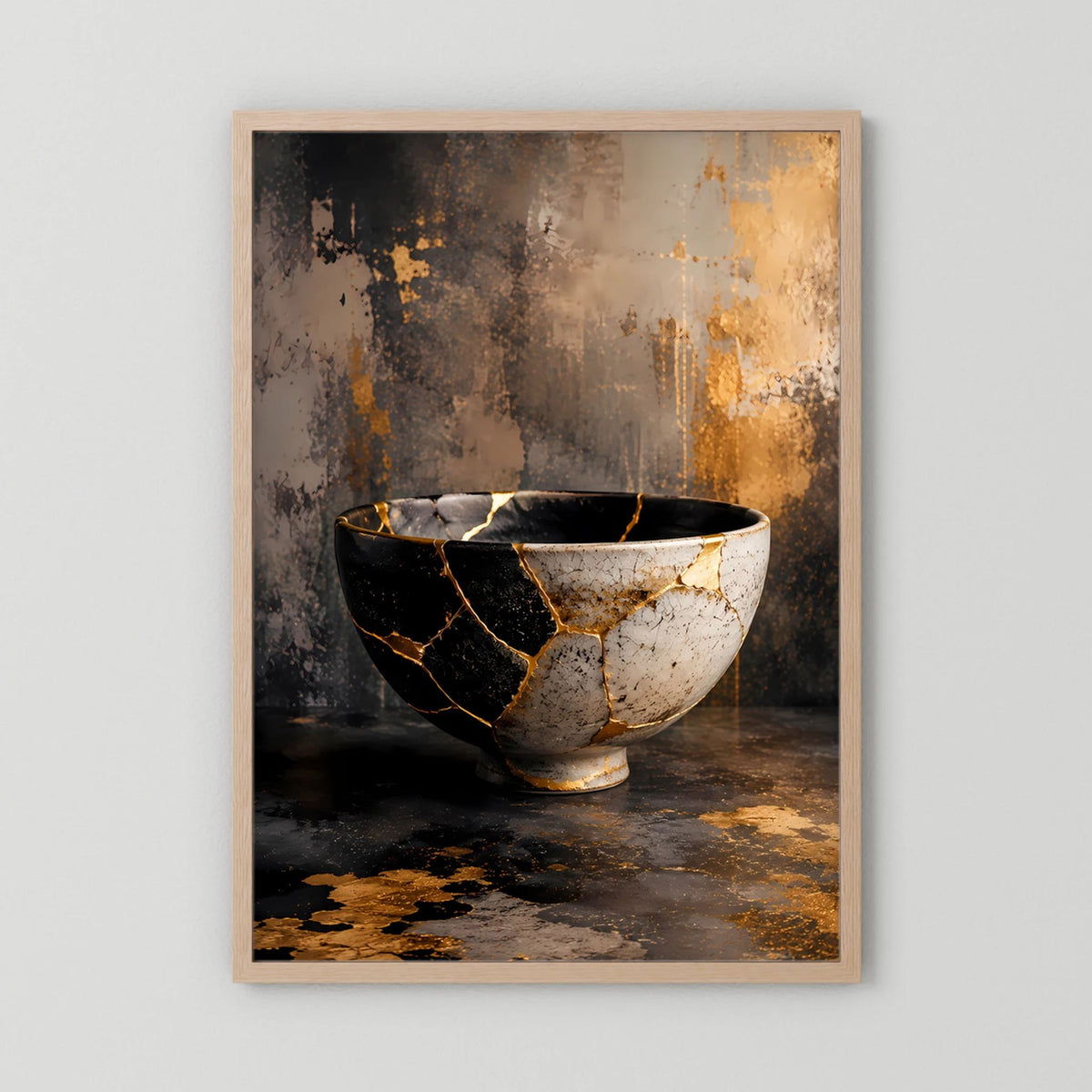 Hochformat-Poster mit Kintsugi-Schale: weißliche Keramik mit dunkler Außenseite und goldenen Rissen.