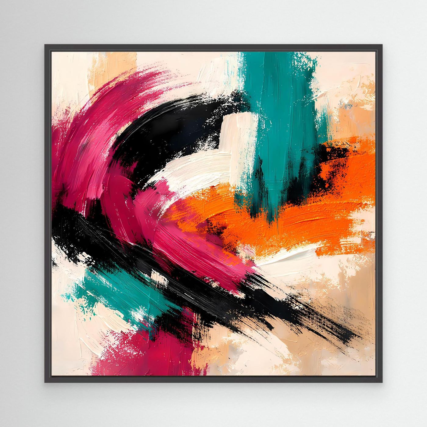 Abstraktes Wandbild auf Leinwand mit schwarzem Rahmen in Pink, Türkis, Orange und Schwarz.