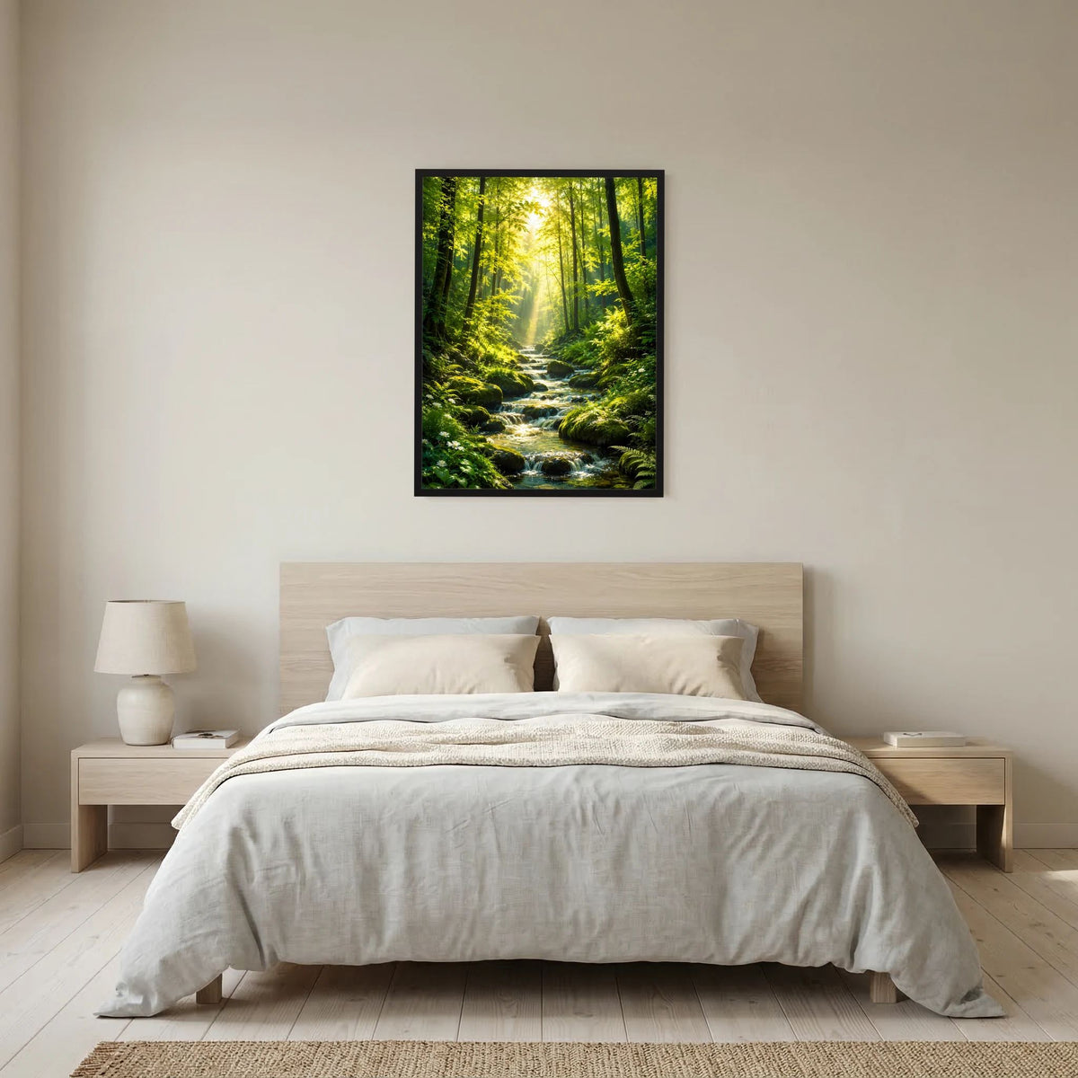 Hochformat-Poster: grüner Wald mit Bach und Sonnenstrahlen, schwarz gerahmt