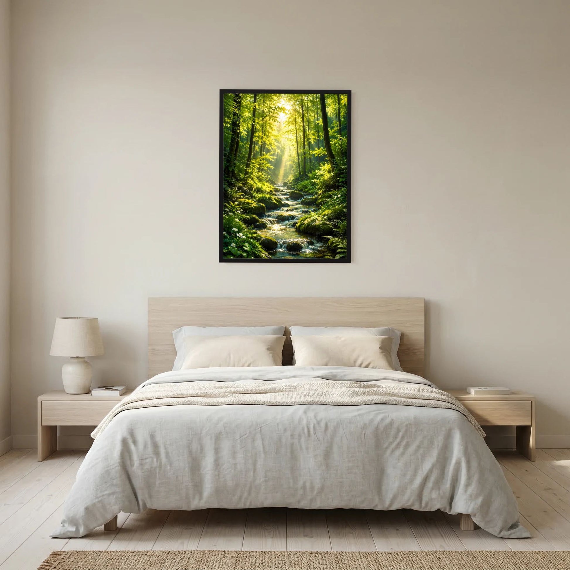 Hochformat-Poster: grüner Wald mit Bach und Sonnenstrahlen, schwarz gerahmt