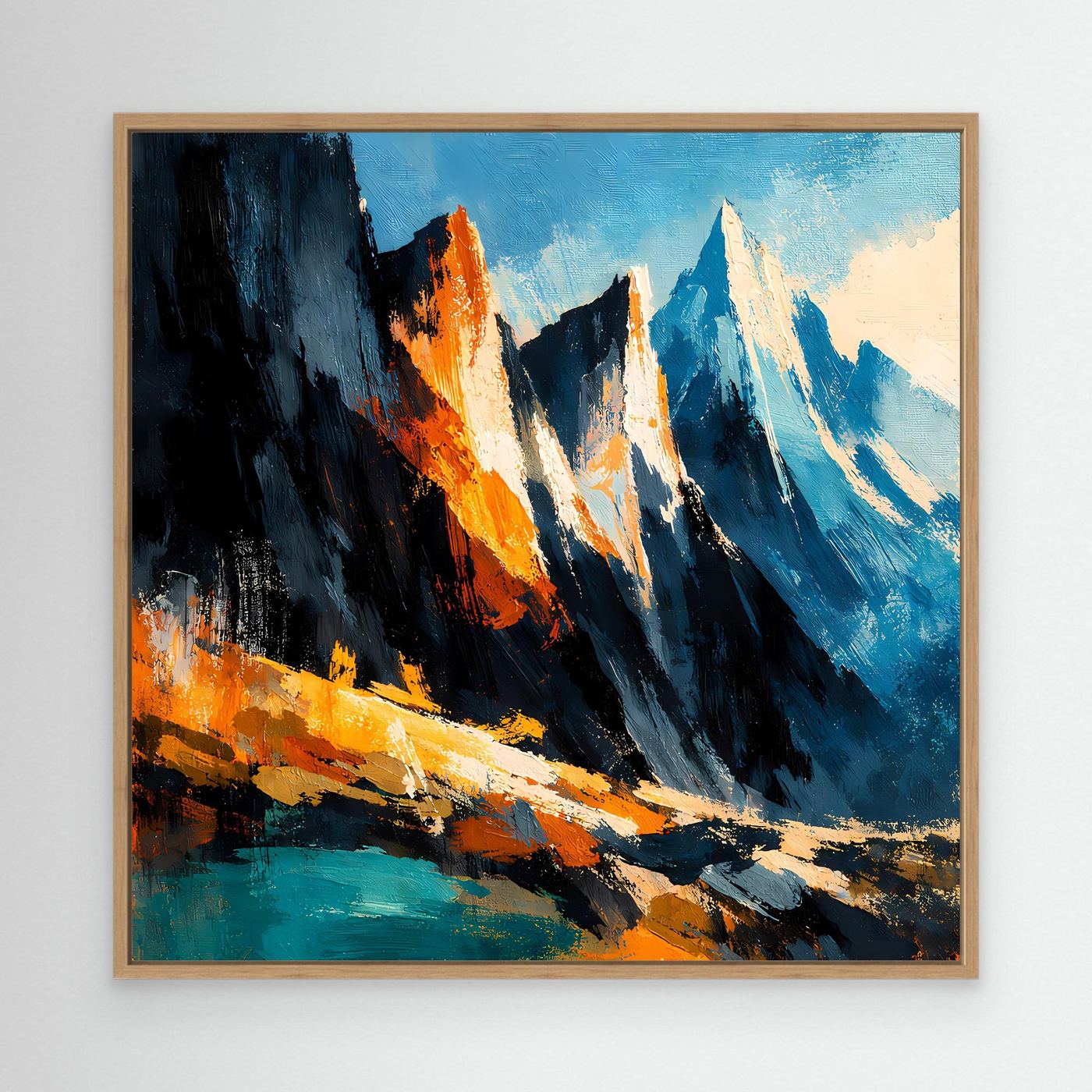 Abstraktes Leinwand-Wandbild mit Alpenbergen in Blau, Orange und Schwarz (Eichenrahmen)