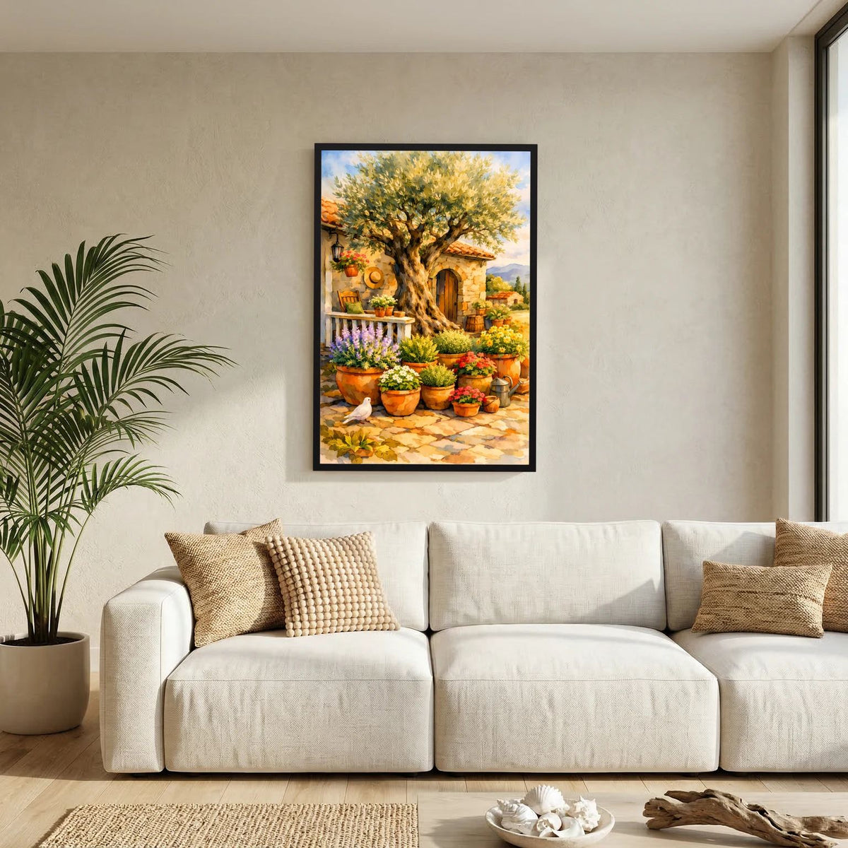 Wandbild mit Olivenbaum und Blumentöpfen in mediterraner Hofszene, schwarzer Rahmen
