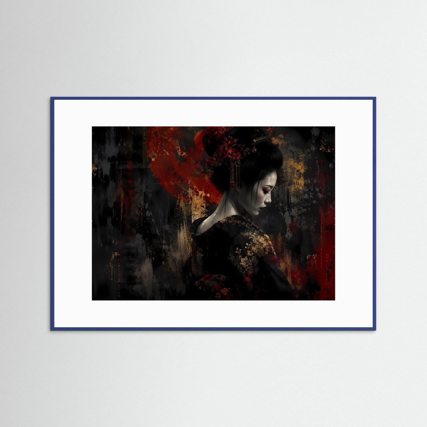Querformatiges Japan-Kunstposter: Geisha-Porträt mit rotem Kreis, blauer Holzrahmen