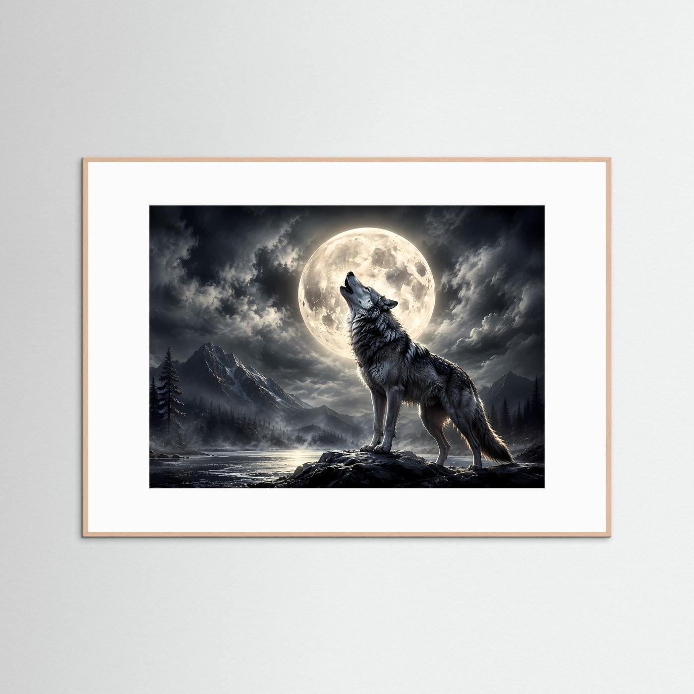 Wolf-Wandbild mit heulendem Wolf vor Vollmond, dunkle Waldszene, heller Holzrahmen