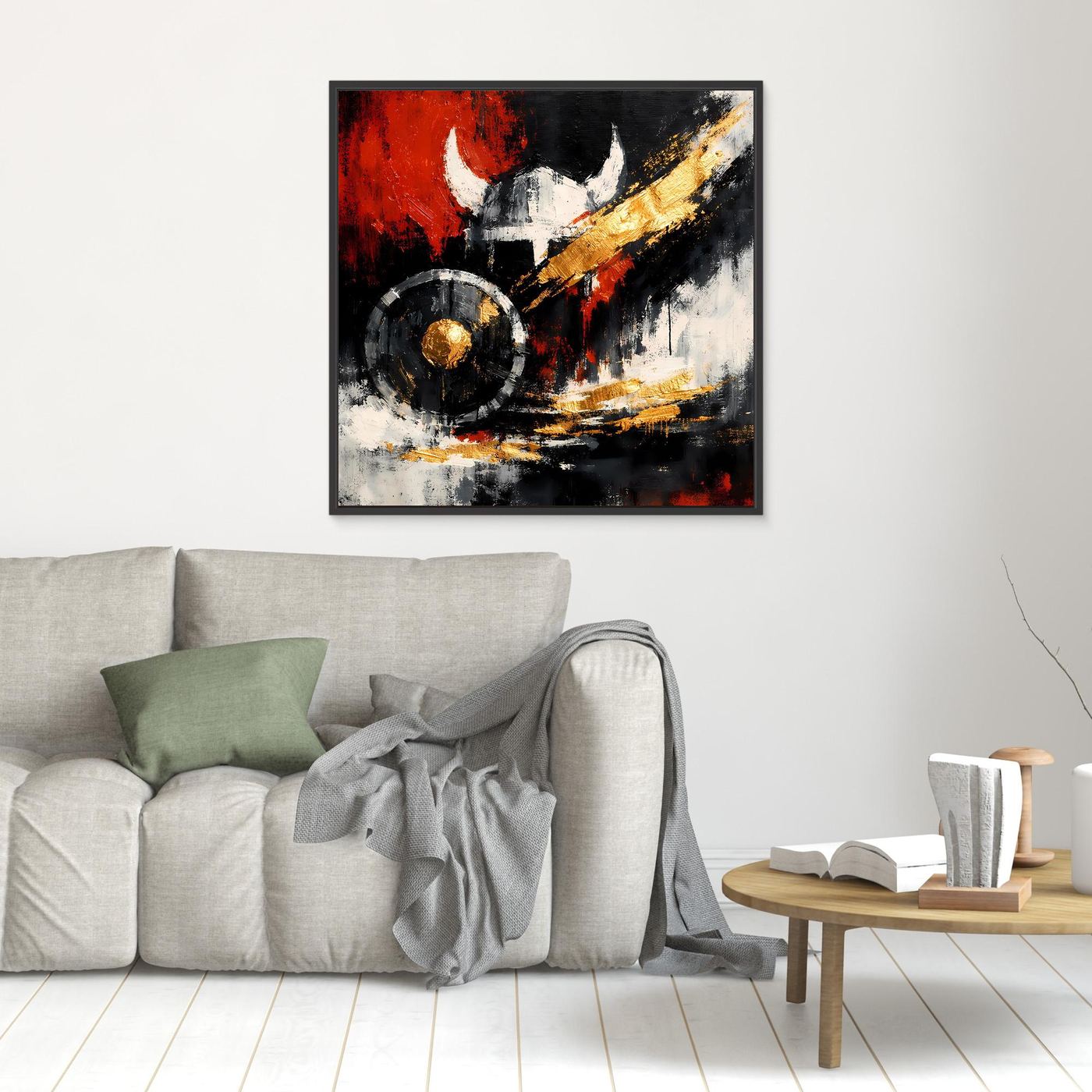 Leinwand-Wandbild mit abstraktem Wikingerschild und Helm, schwarz gerahmt