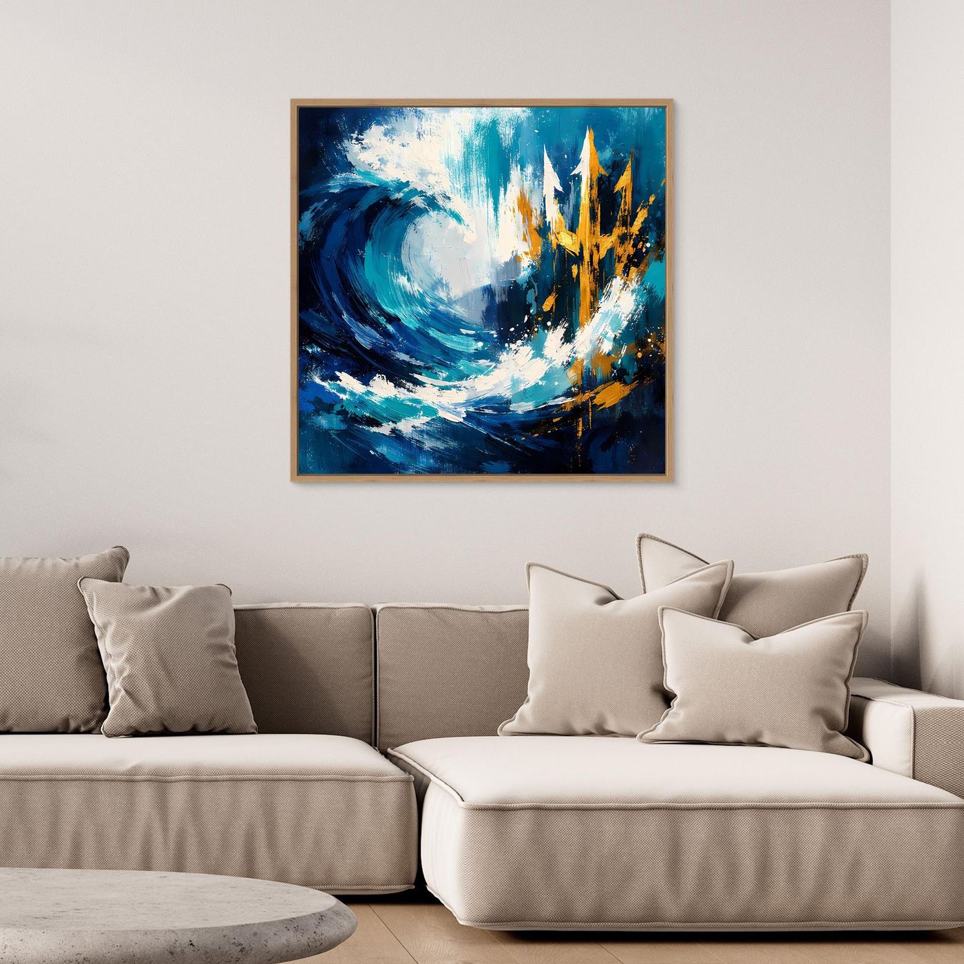 Square nautical wall art with blue waves and a golden trident, gold frame