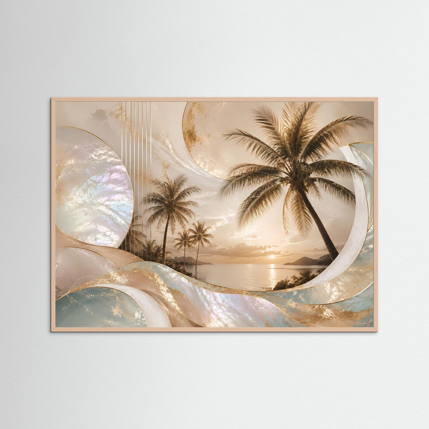 Poster Querformat mit Palmen und Sonnenuntergang, rosafarben gerahmt