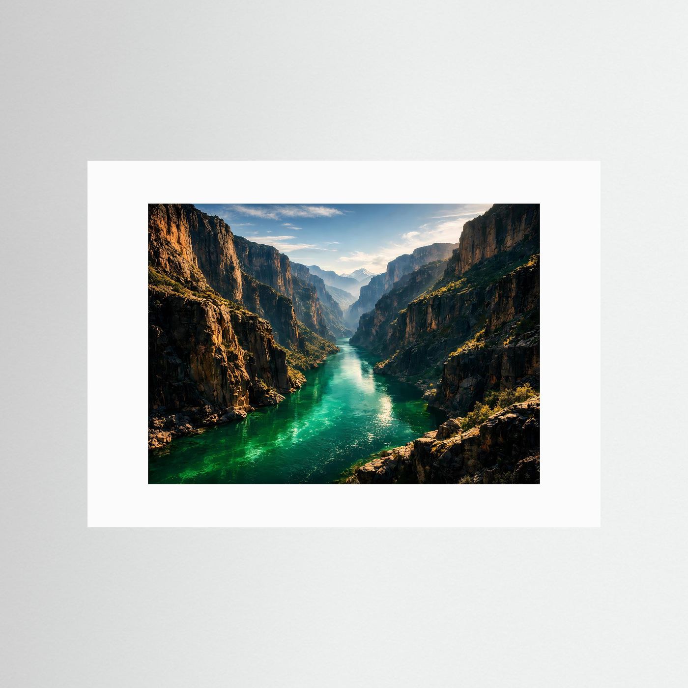 Naturposter im weißen Passepartout: Panorama-Canyon mit türkisgrünem Fluss zwischen Felswänden