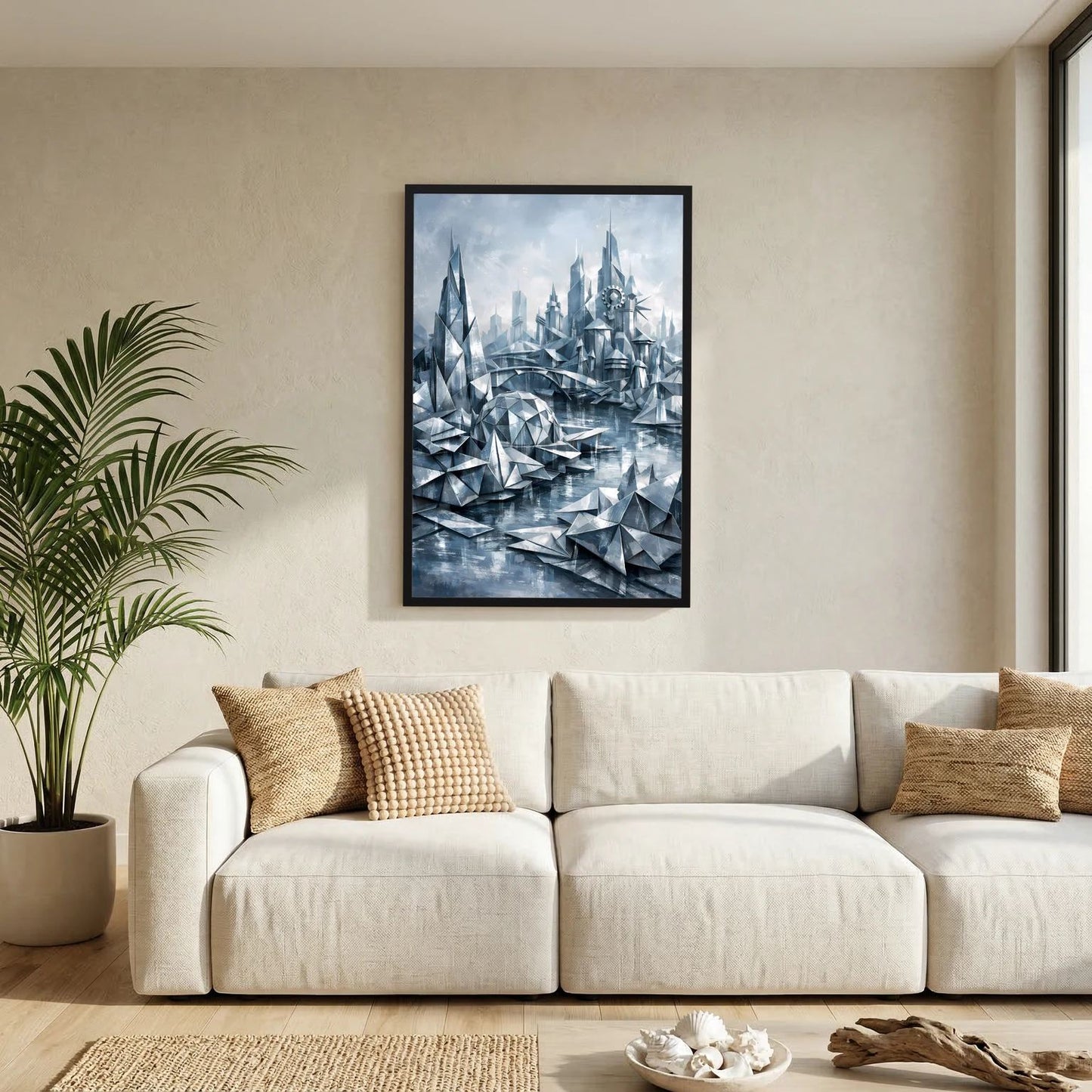 Futuristisches Stadtposter mit silbern-blauer Fantasy-Architektur, schwarzer Rahmen.