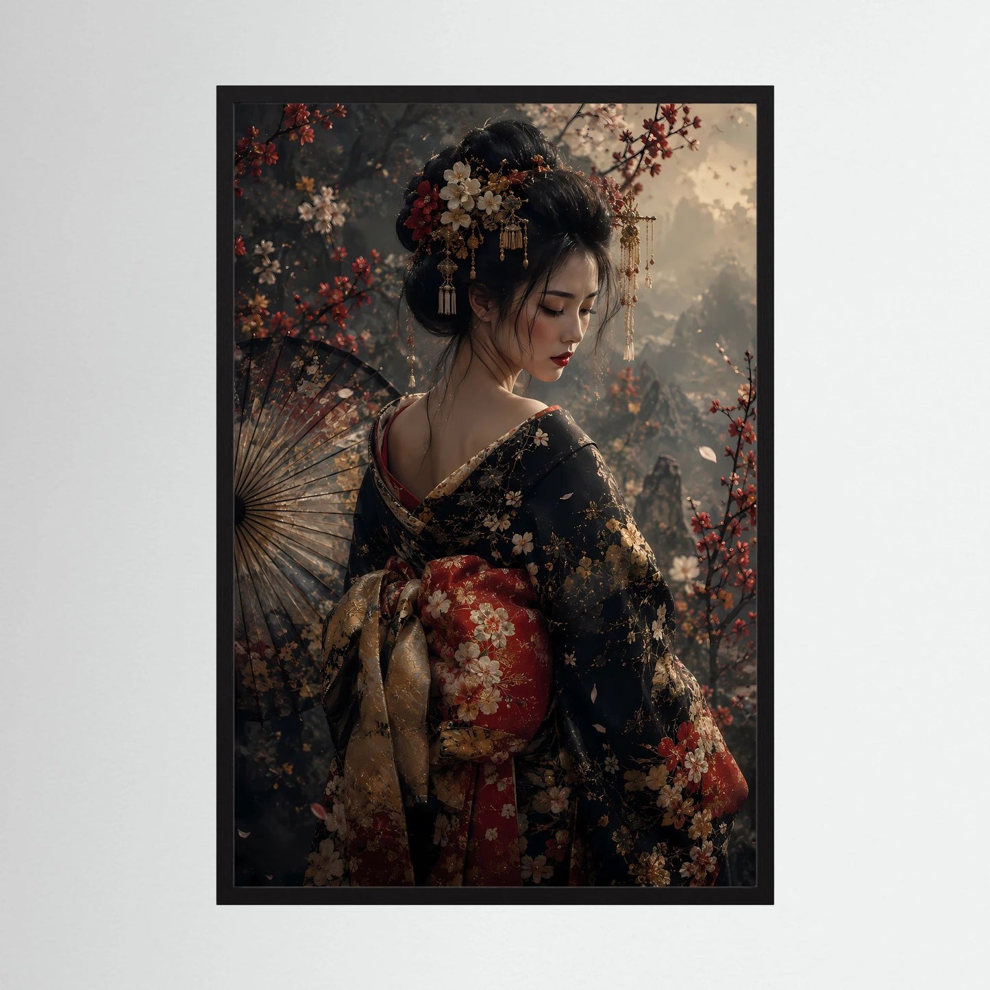 Hochformat-Poster mit Geisha im floralen Kimono, dunklem Fächer, schwarzem Rahmen