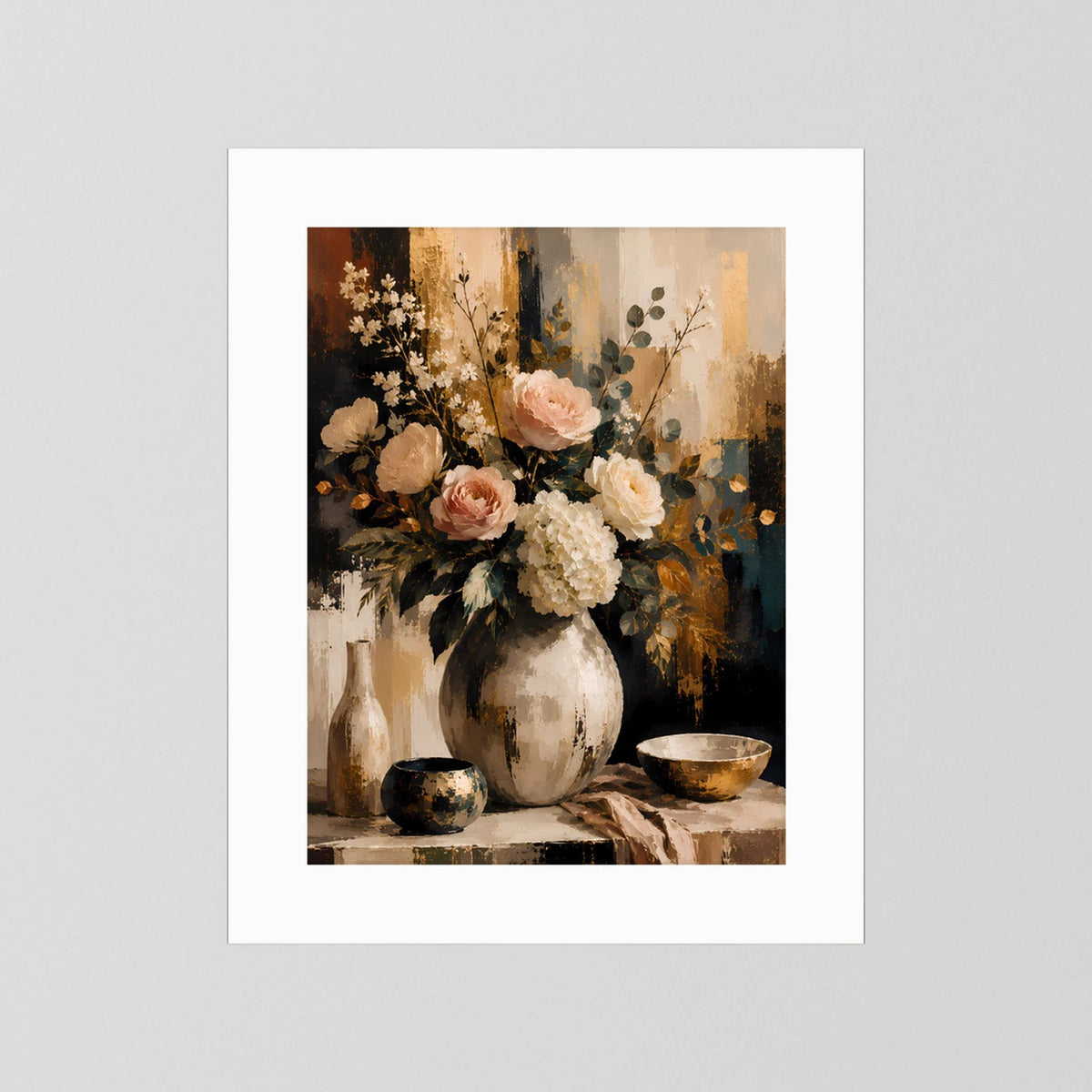 Blumenstillleben-Poster mit Rosen und Hortensien im weißen Passepartout ohne Rahmen