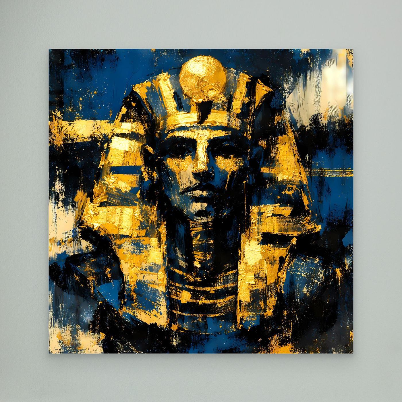 Leinwandbild mit Pharao-Porträt, goldene Kopfbedeckung, blau-goldene Pinselstruktur, ohne Rahmen