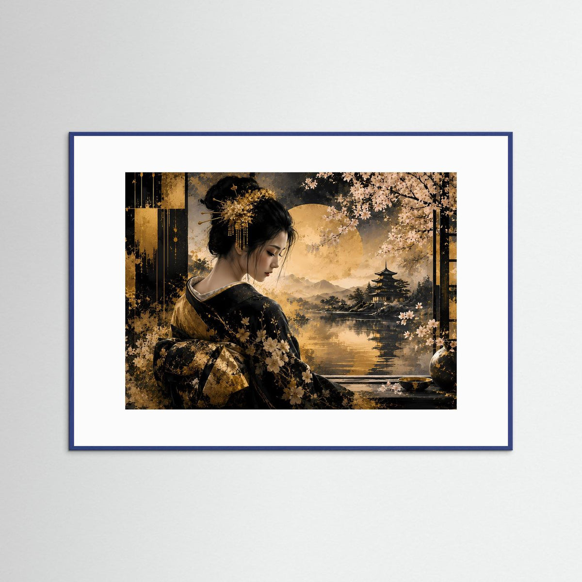 Wandbild mit Geisha: schwarzer Kimono, Kirschblüten, Pagode am See, Querformat, blauer Rahmen