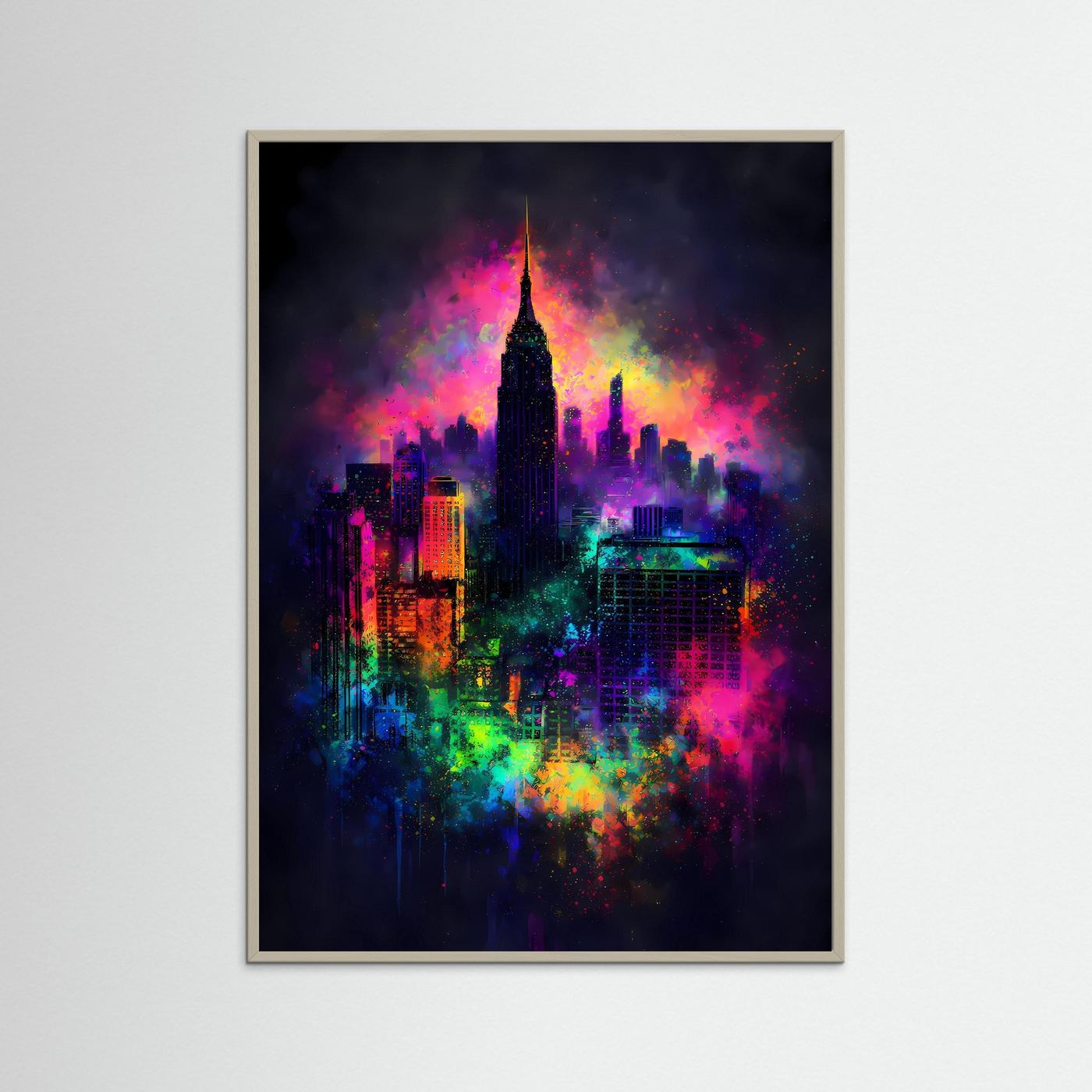 Magische Metropole | Abstraktes New York Skyline Poster in Regenbogen-Neonfarben | Modernes Kunstposter Hochformat
